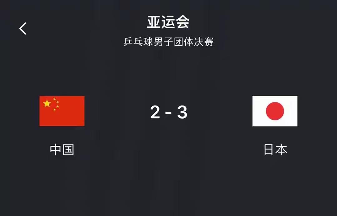 名古屋亚运男团决赛，国乒2‑3惜败日本，终结了从1994年开始的亚运男团连冠，无