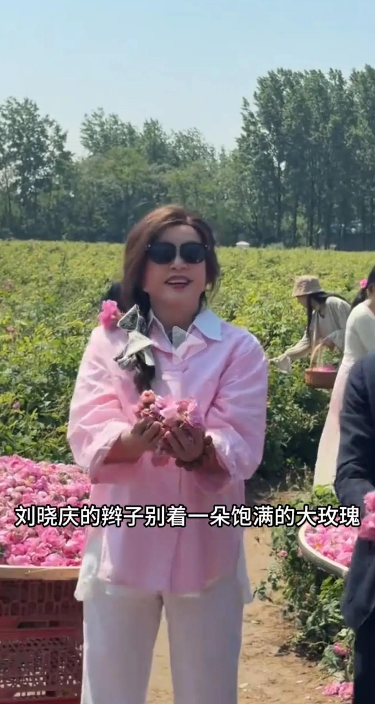 刘晓庆永远年轻漂亮，穿着粉色的衣服，戴上粉色的花朵更美。