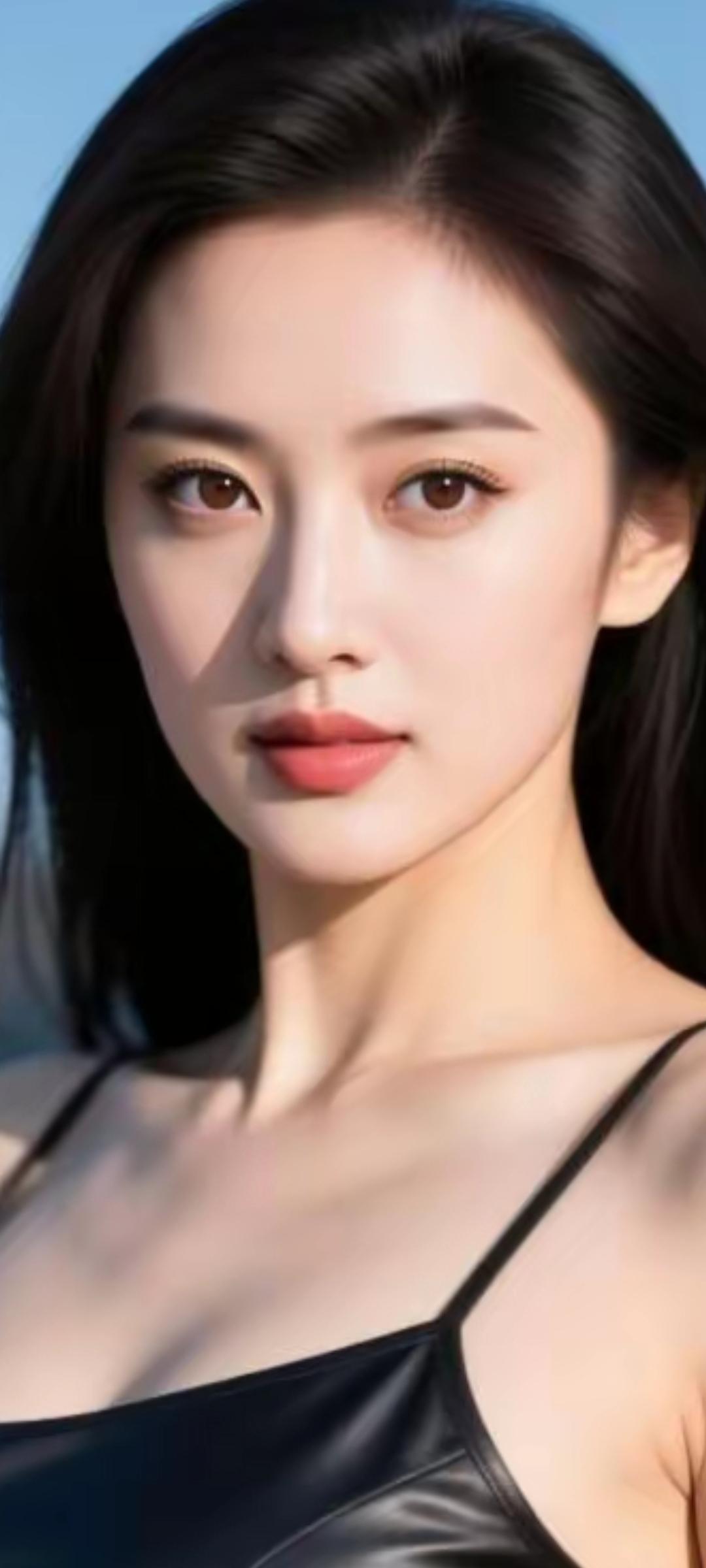 阳光下的温柔女神，黑发红唇，优雅动人。