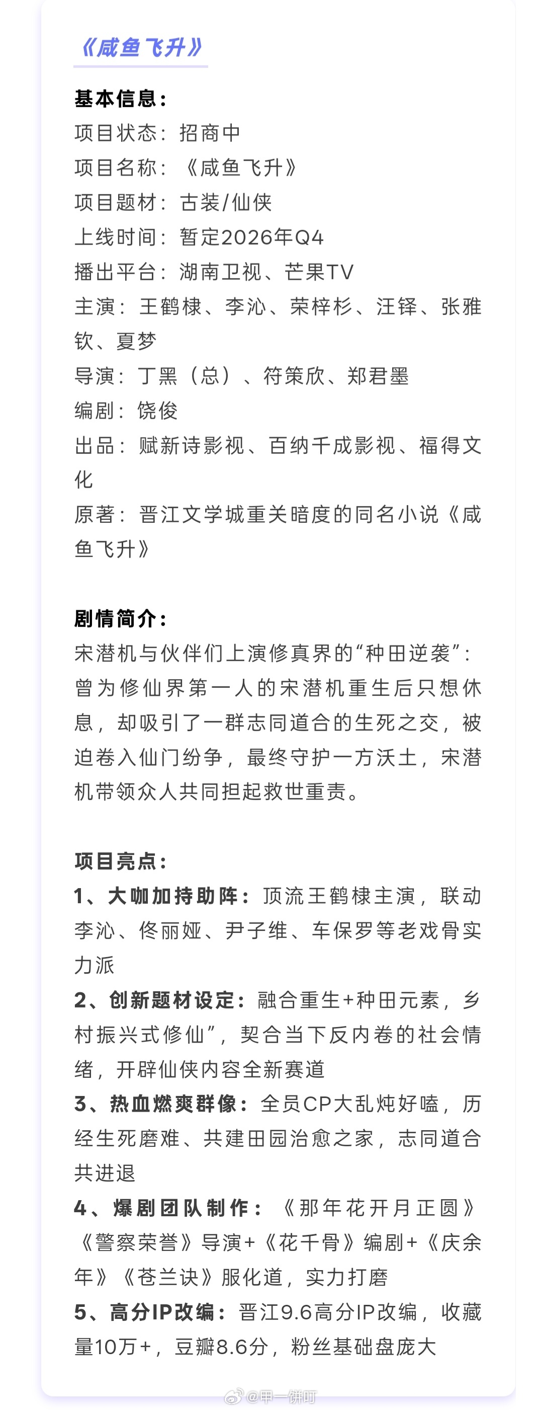电视剧《咸鱼飞升》播前招商主演：王鹤棣、李沁、荣梓杉、汪铎、张雅钦、夏梦项目亮点