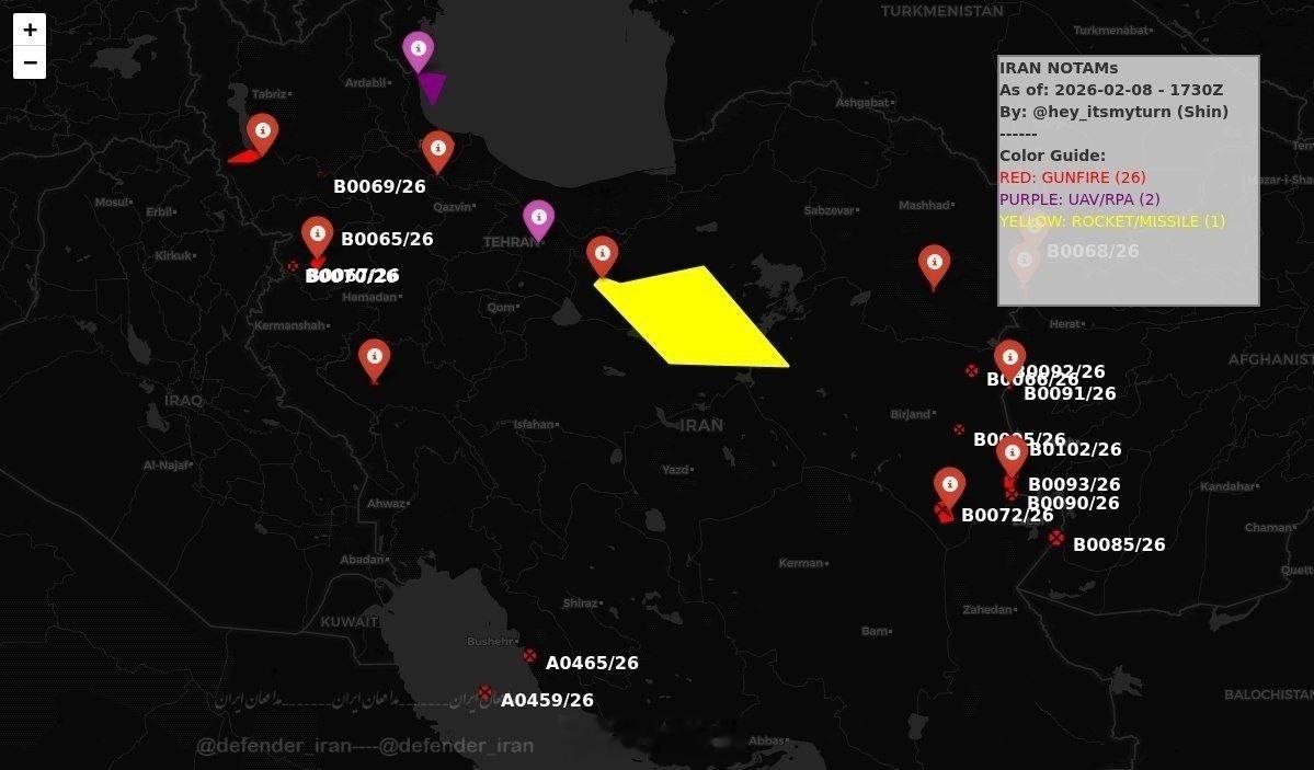 今天早些时候，伊朗已关闭了该国中部大部分地区的空域，禁止进行导弹发射活动。这很可