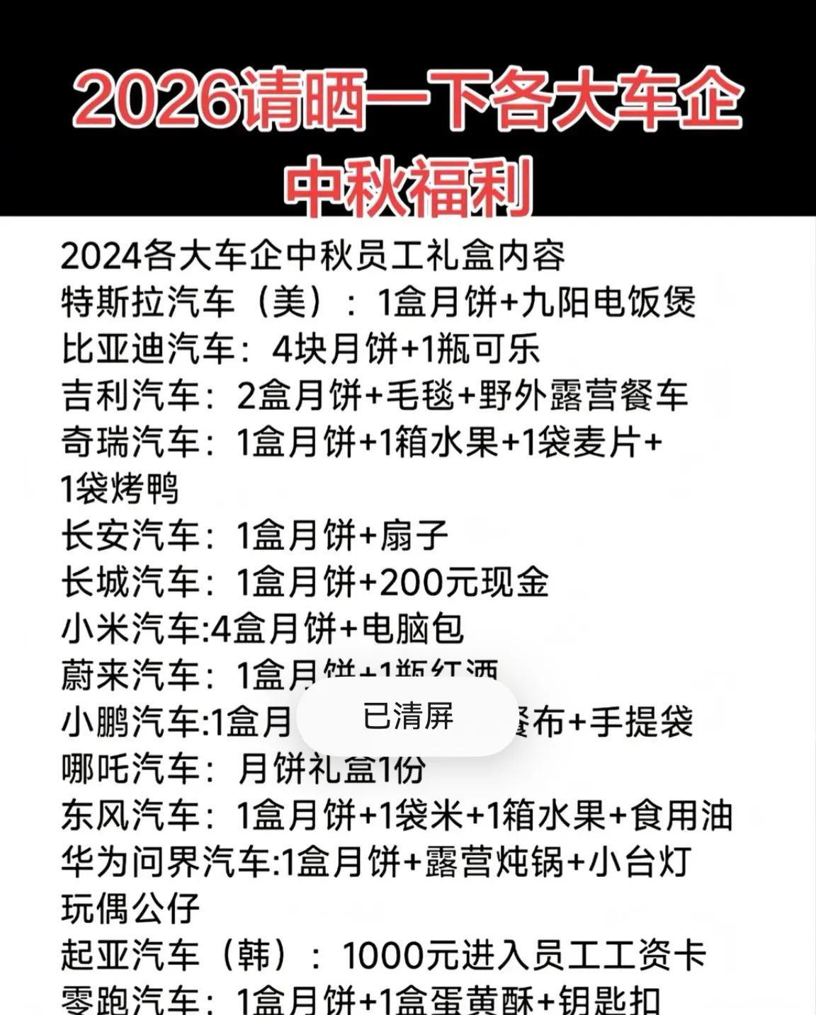 哈哈，晒晒各大车企的中秋福利，感觉还没有我们小企业送的福利多呢[大笑][大笑]