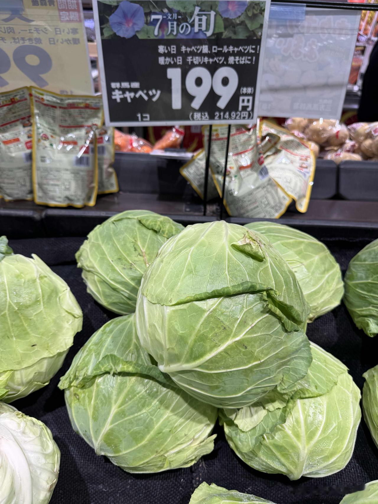 日本的卷心菜价格。
一个199日元（不含税）。
日本的卷心菜按个卖，
不按重量计