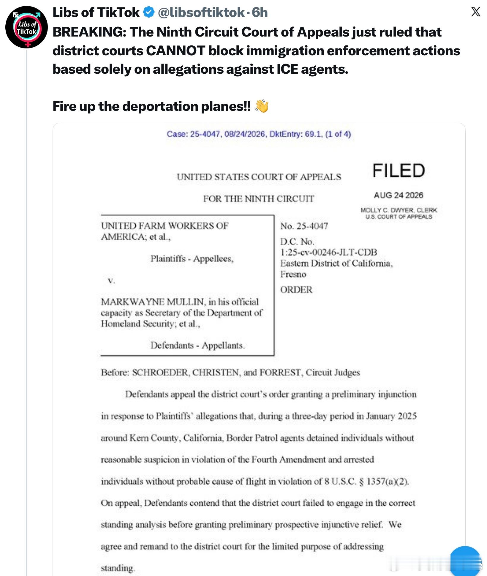 第九巡迴上訴法院剛剛裁定，地方法院不能僅憑針對移民執法局（ICE）特工的指控就阻