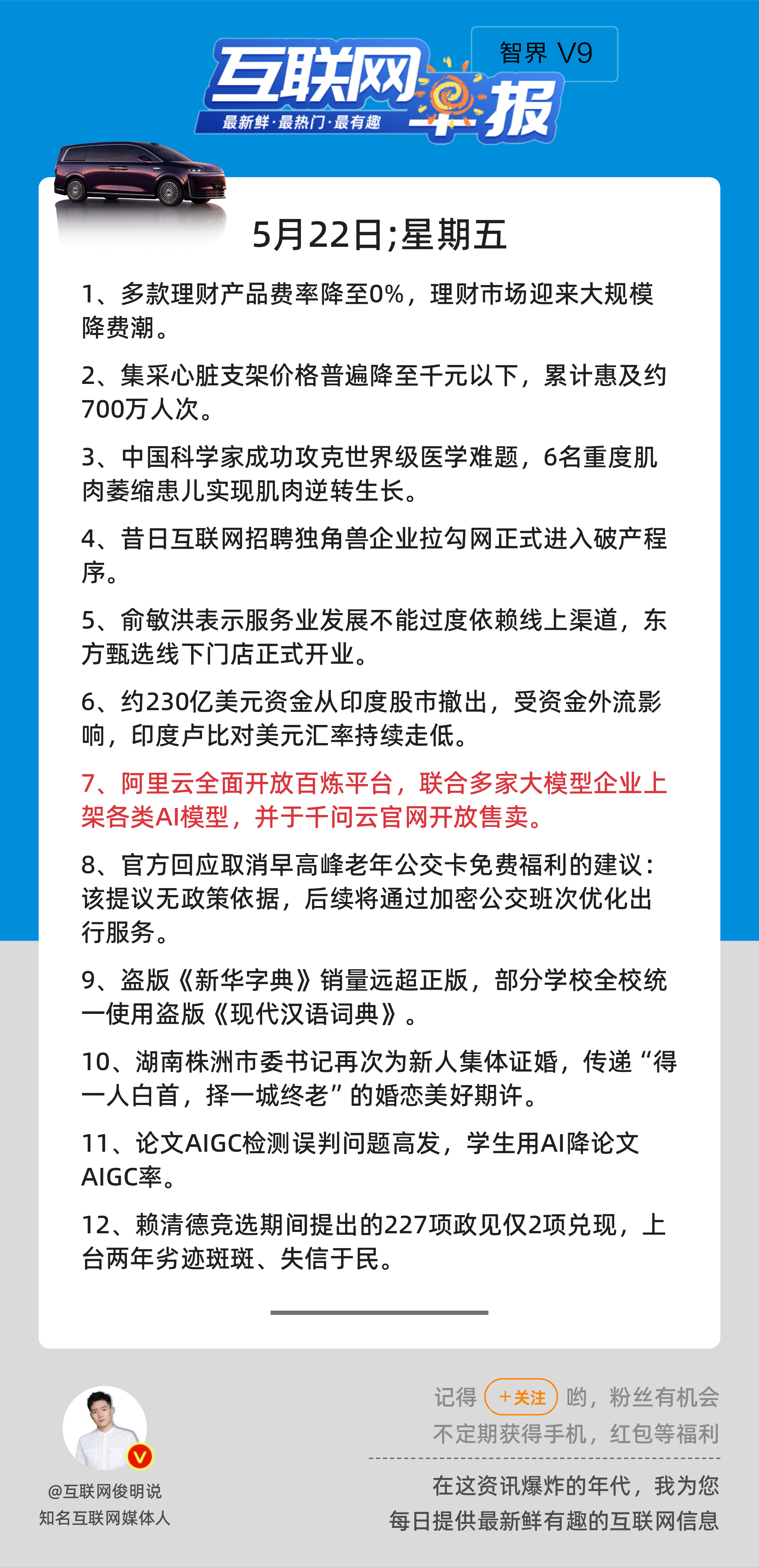 5月22日，星期五，《第3146期》；互联网早报，众览天下事关心第7条：阿里云全