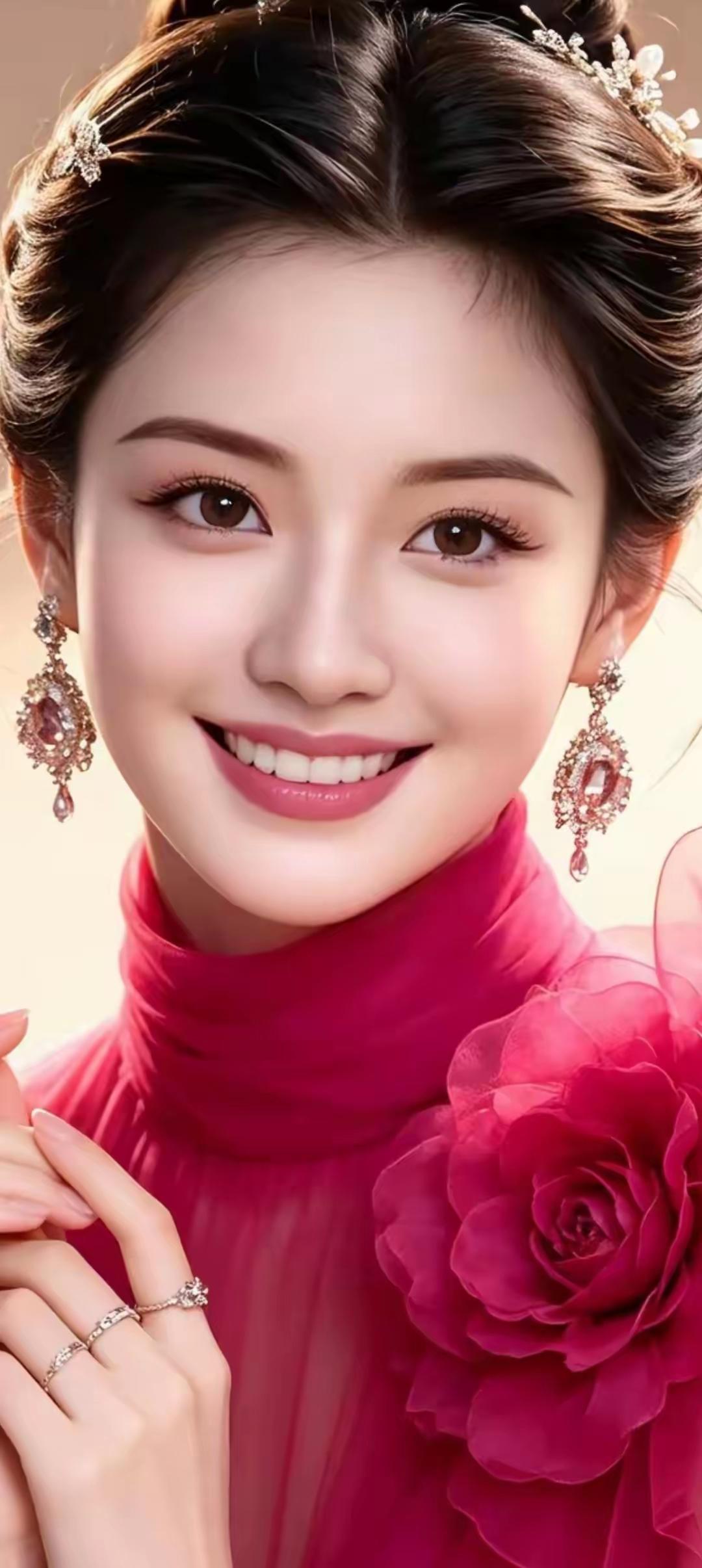 红妆美人笑，花枝招展间。