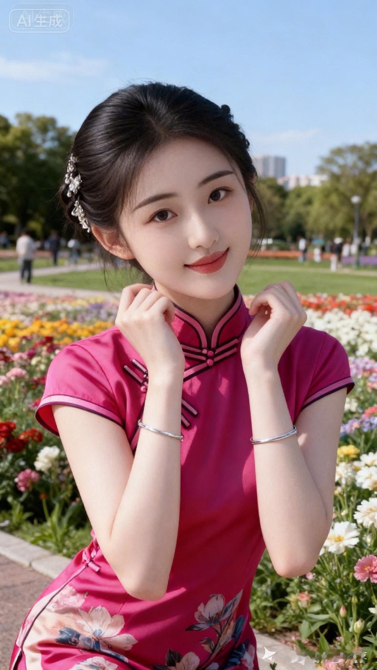 美女俊莉精致可爱妆造配银镯流苏，玫红撞色旗袍温婉动人，冷白陶瓷嫩肌，慵懒俏皮纯欲