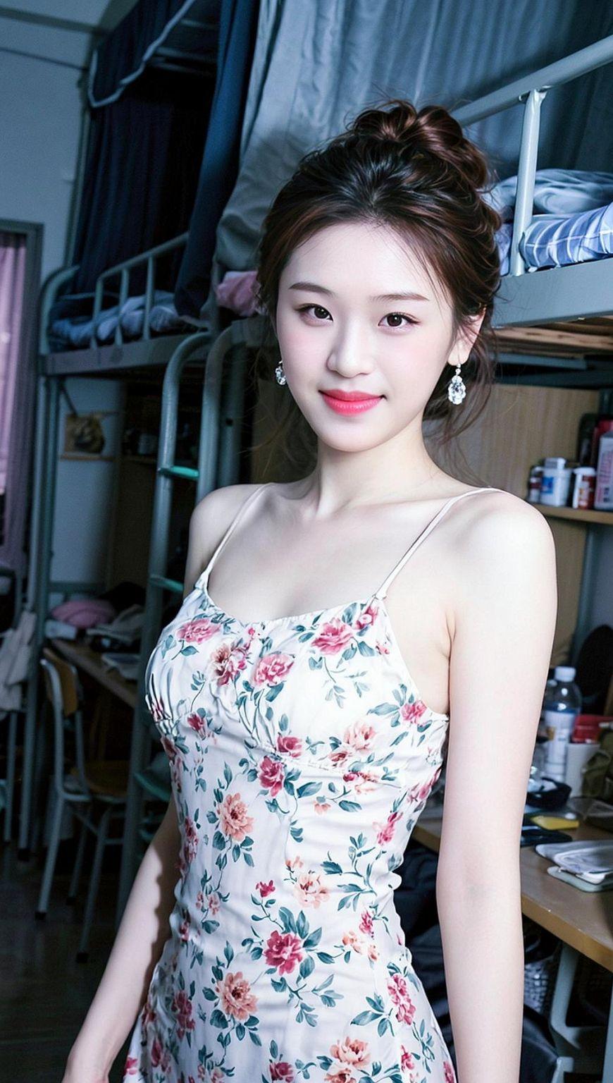 在女大学生宿舍的窗边，阳光洒在碎花吊带上，仿佛为青春镀上了一层金色的光晕。宿舍的