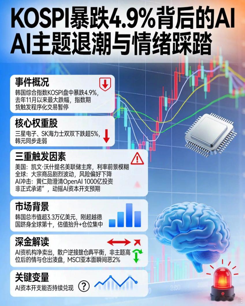韩国股市大跌触发熔断看着韩国股市跟着黄金一起崩，感觉就像多米诺骨牌。一根线扯着另
