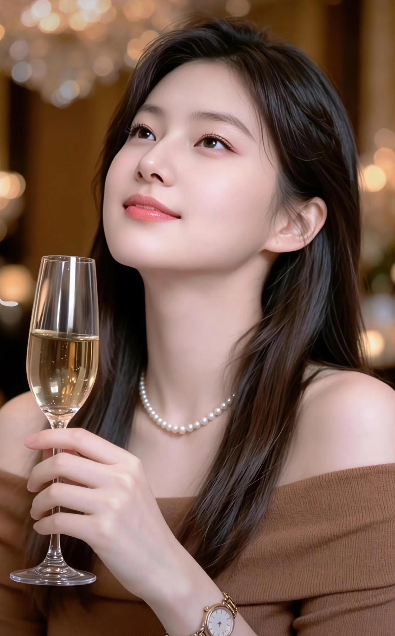 这位女士正在享受一杯香槟。