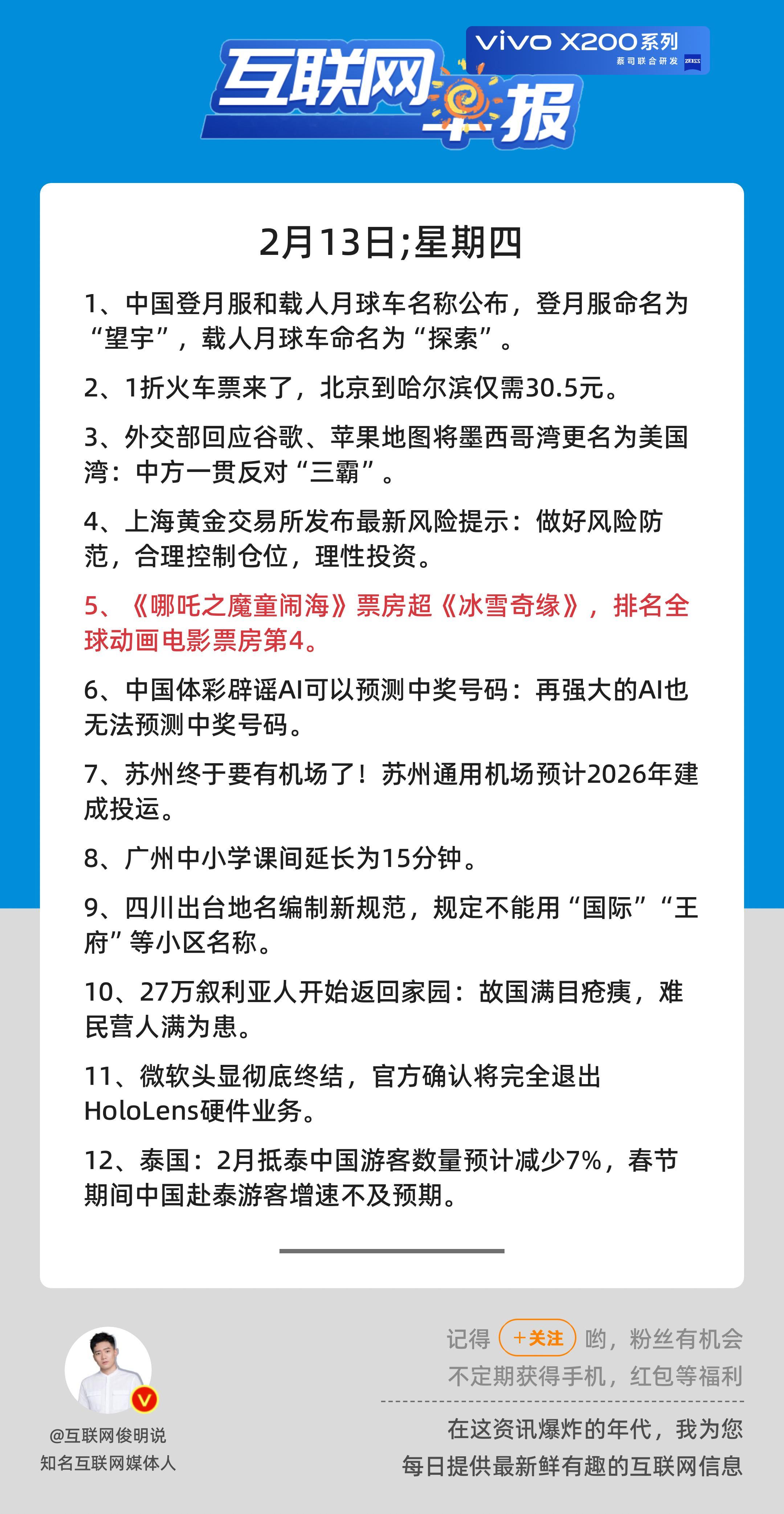 2月13日，星期四，《第2683期》； 互联网早报，众览天下事 关心第5条：《哪