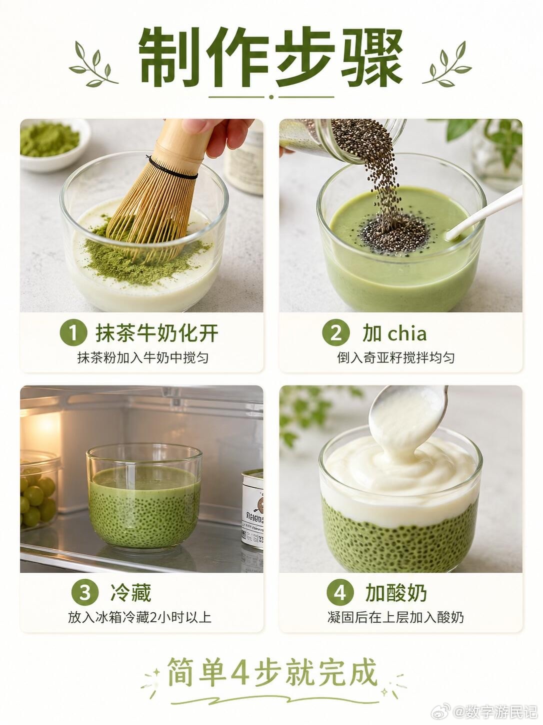 抹茶控低卡甜品！抹茶奇亚籽饱腹杯抹茶控可以做这个，清爽又抗饿。奇亚籽有颗粒布丁感
