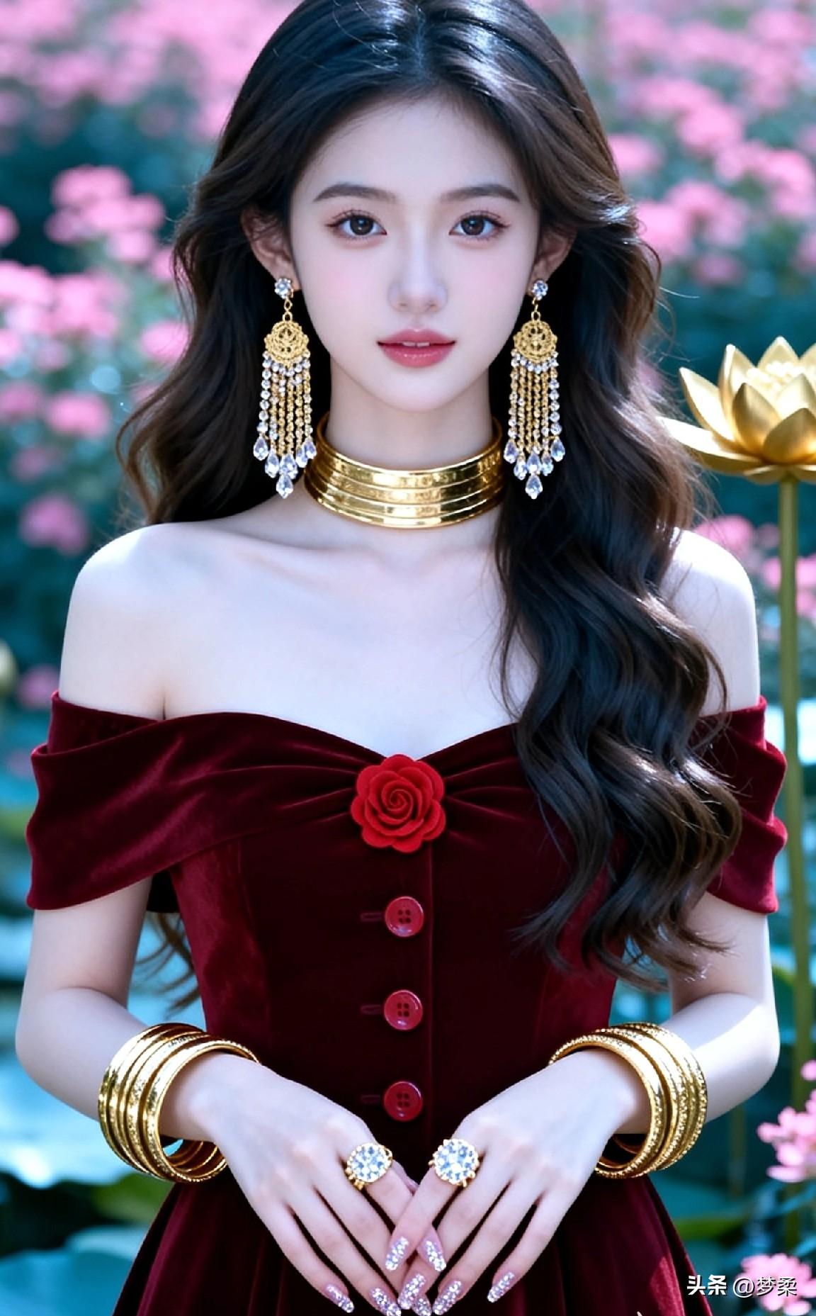 梦幻少女风，红裙与金饰的完美搭配，尽显优雅与奢华魅力红裙穿搭