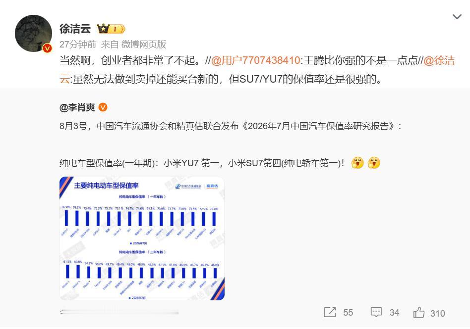 被网友称不如王腾，小米徐洁云：当然，创业者都非常了不起！

本来他俩负责的工作方