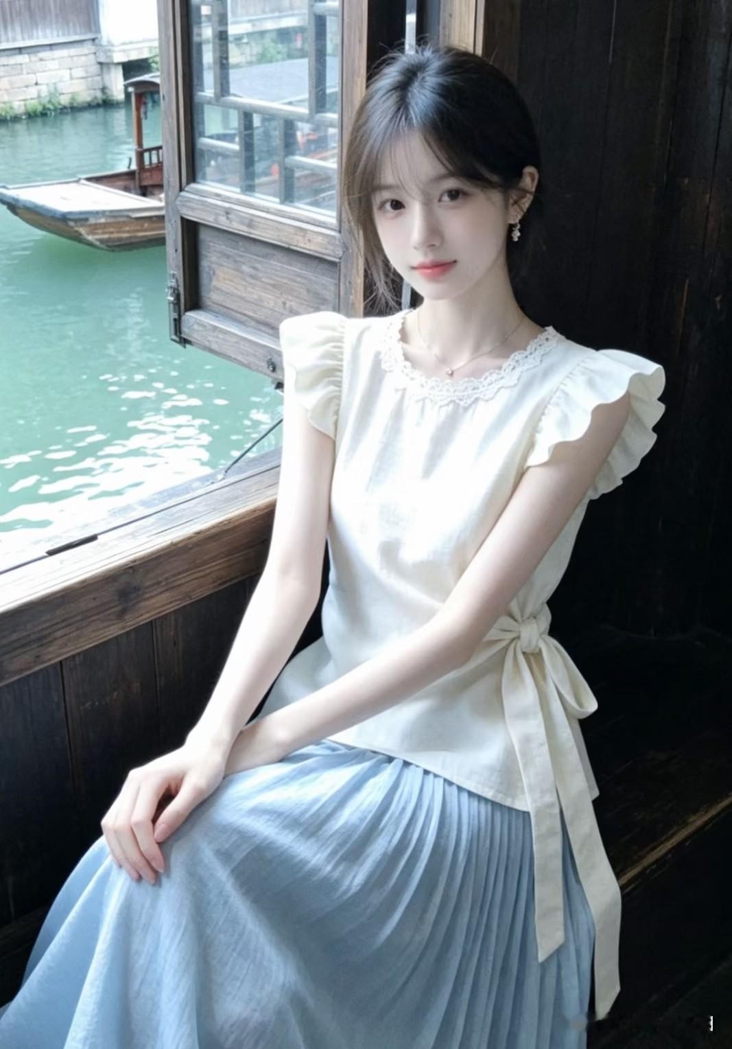 坐在窗边，风景很美，她好温柔。