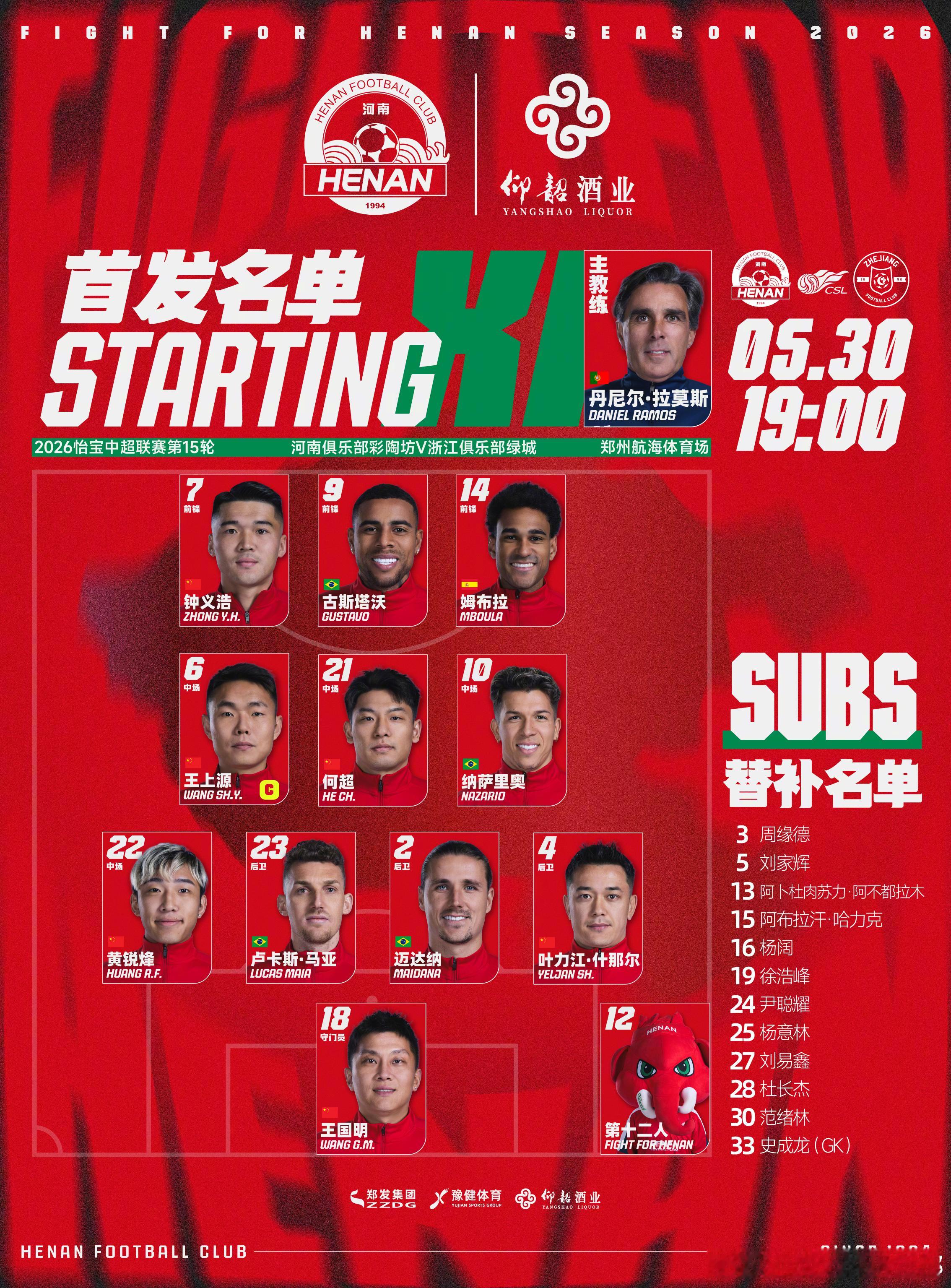 2026怡宝中超联赛第15轮河南俱乐部彩陶坊VS浙江俱乐部绿城首发及替补队员名单