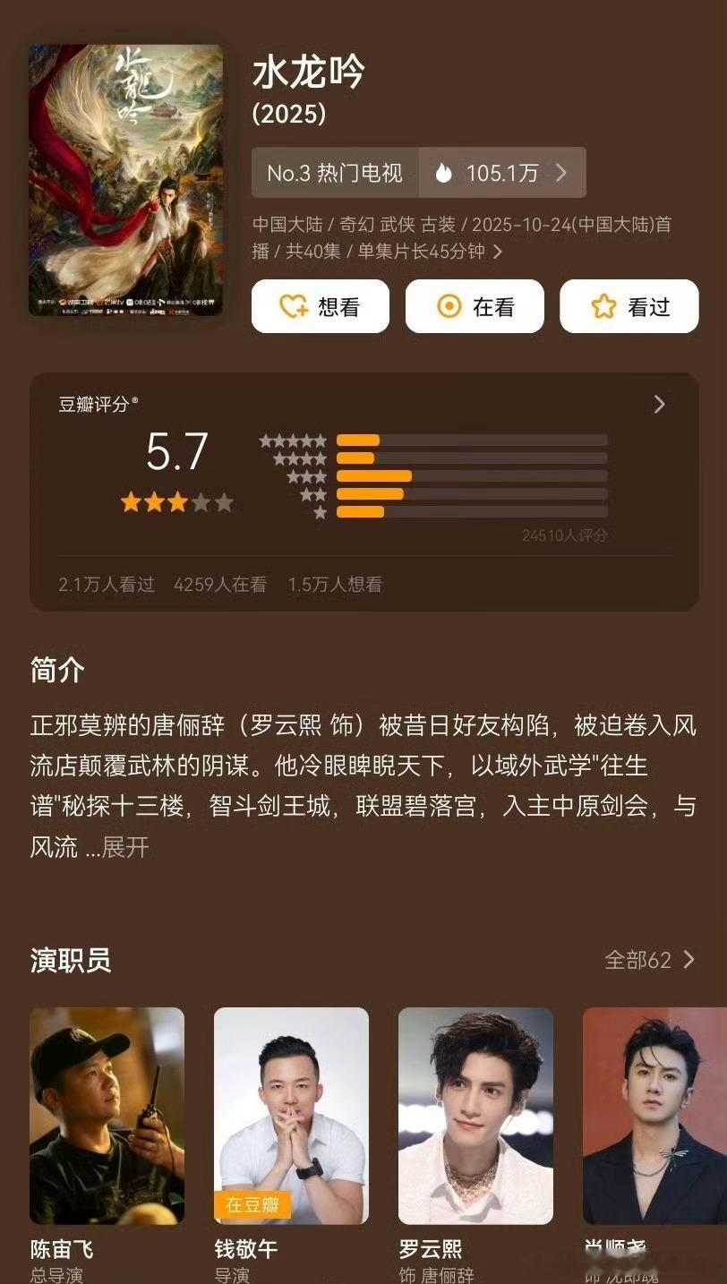 罗云熙、肖顺尧《水龙吟》豆瓣开分5.7 ​​ ​​​