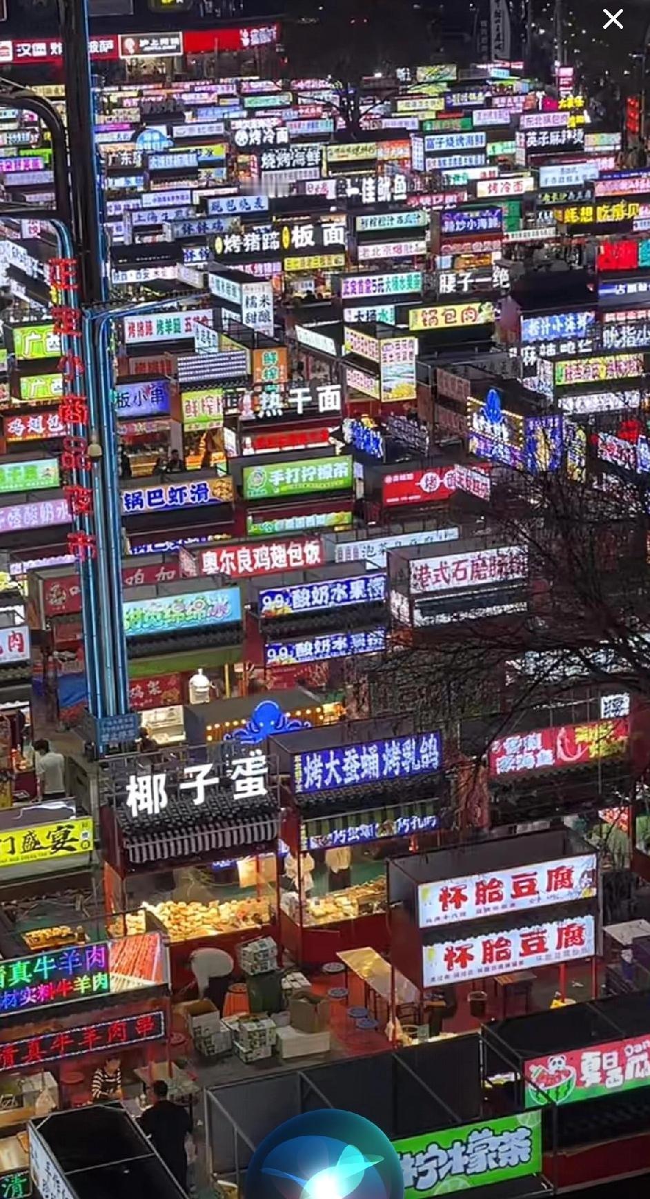 这么多的摊位卖宵夜，
摊比人多，
人人做生意，
个个是老板，
妙！