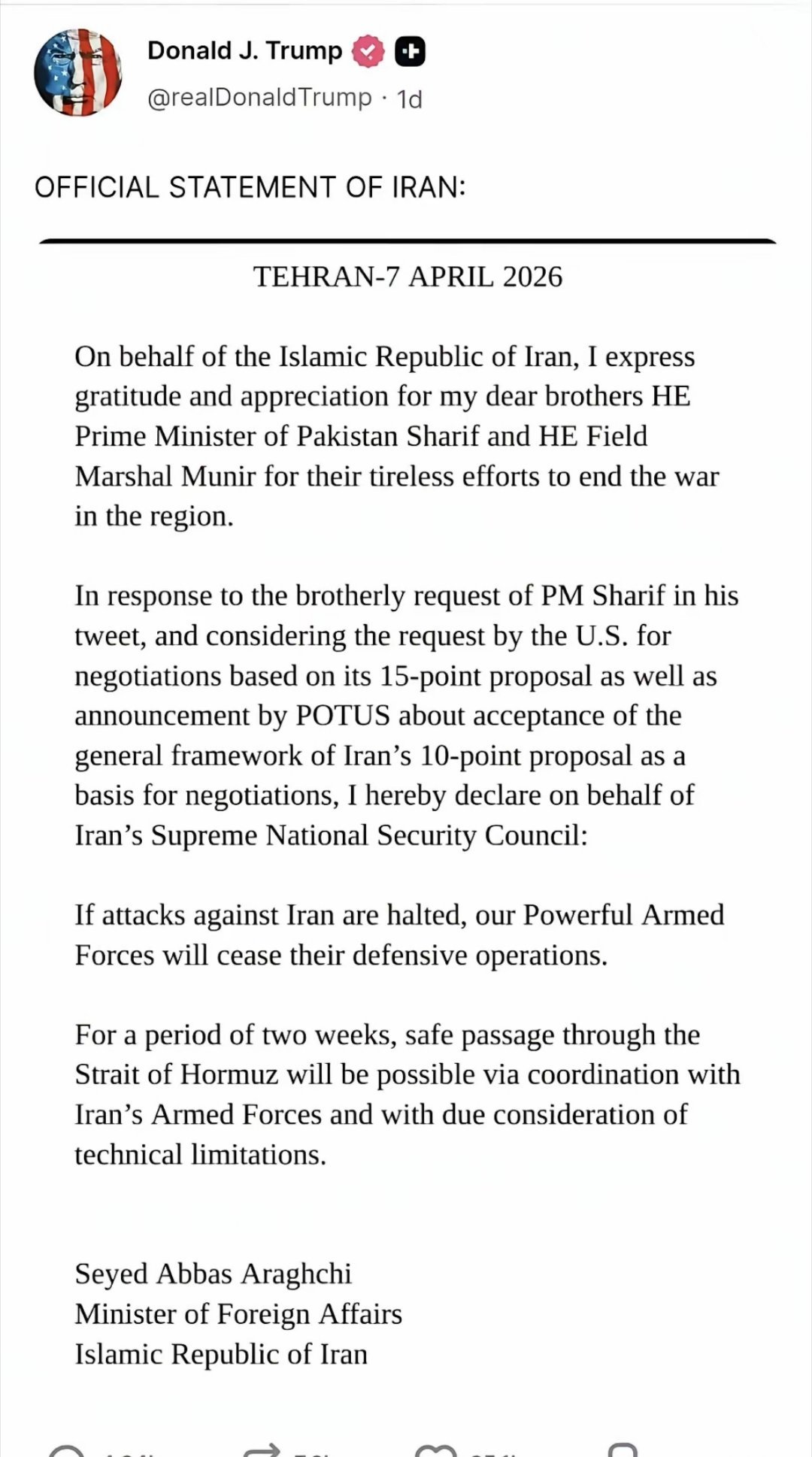 懂王说媒体公开的伊朗提出的停战10条是假的。这才过了一天，他就忘了他昨天亲自把伊