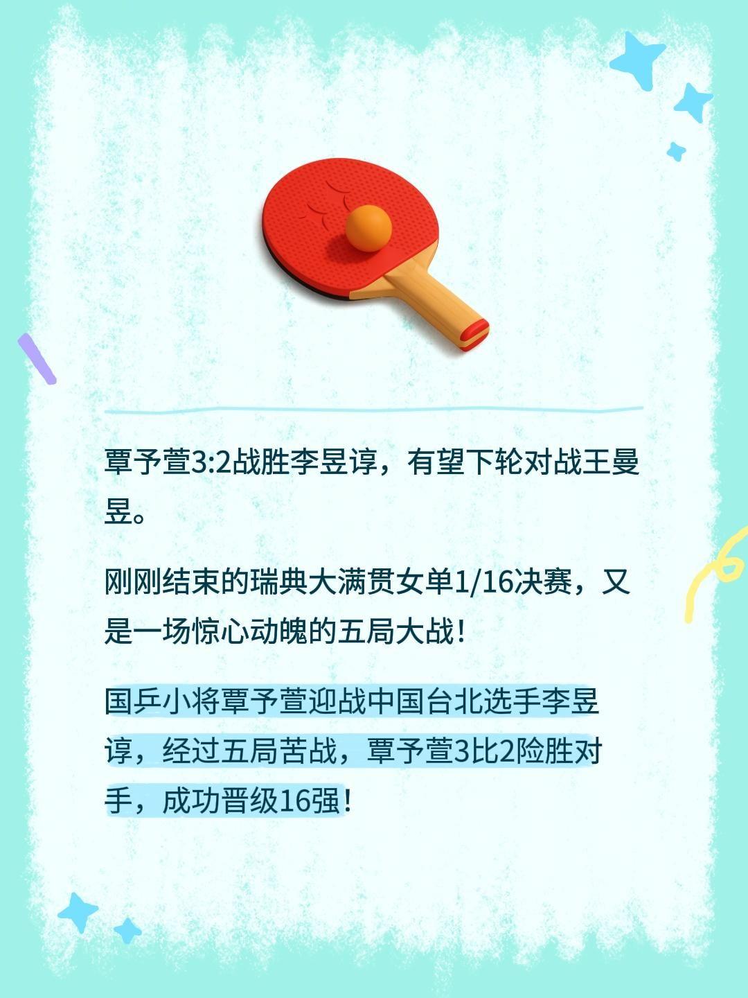 覃予萱3:2战胜李昱谆，有望下轮对战王曼昱。
刚刚结束的瑞典大满贯女单1/16决