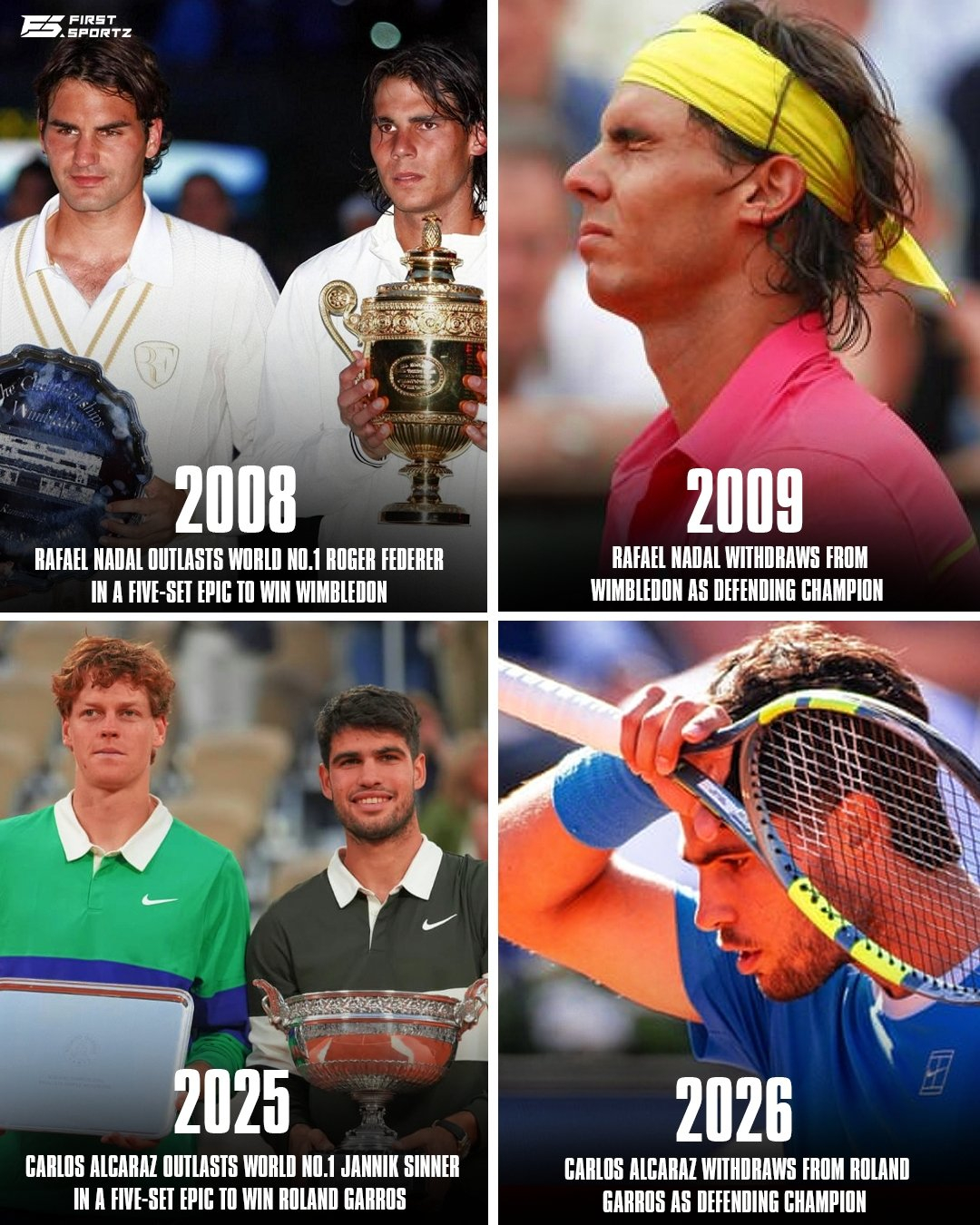 果然有人总结出了这个巧合，两场被公认为最伟大的大满贯决赛——2008年温网决赛和