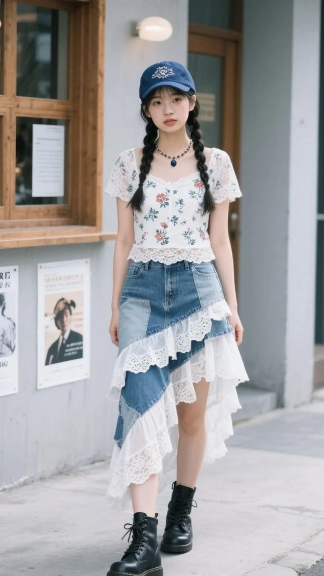 甜美与酷炫的完美结合，牛仔裙+花衬衫，搭配黑色靴子，时尚又有个性！