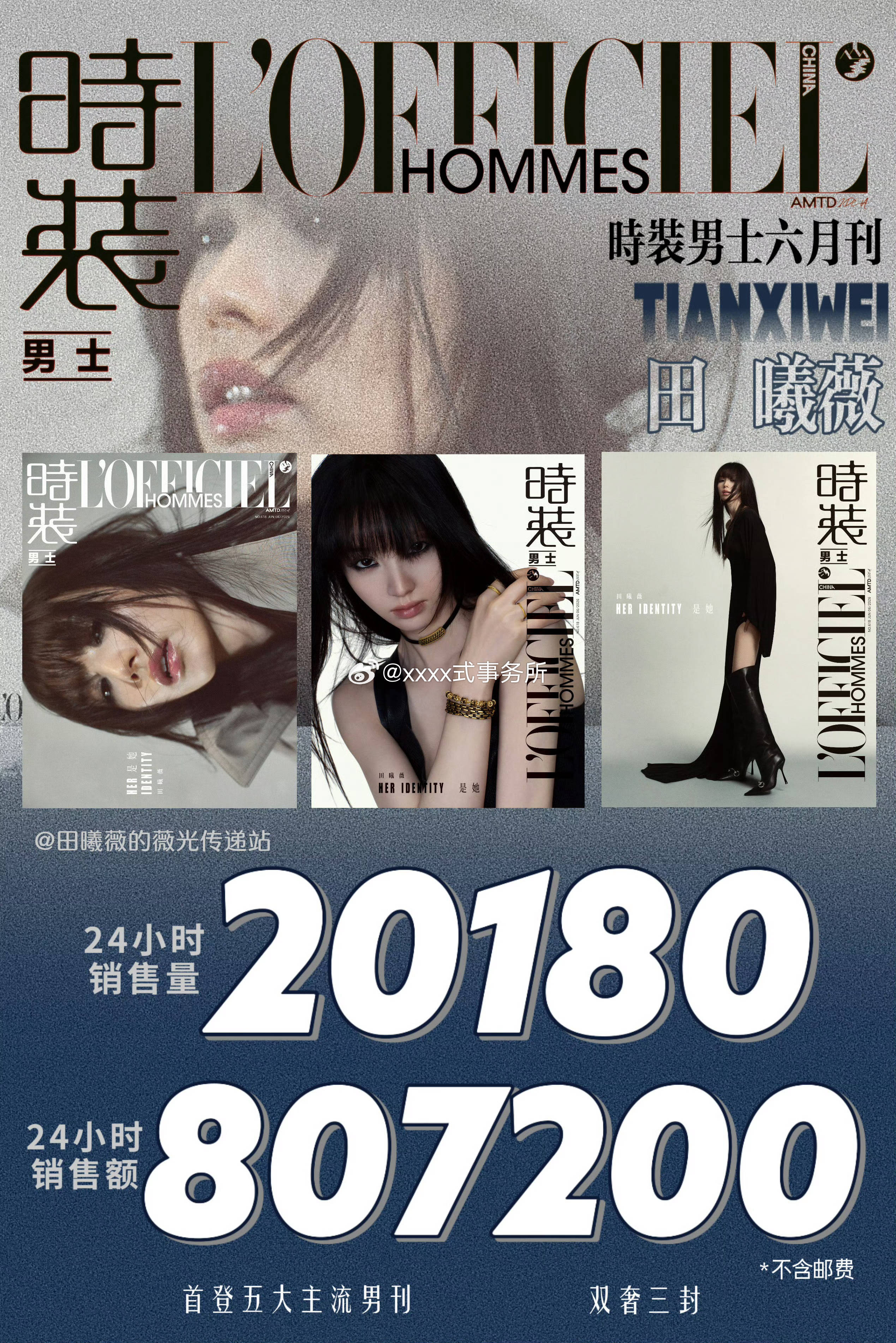田曦薇空降男刊战报24小时销量2w本，销售额807200元，2026年女明星实体