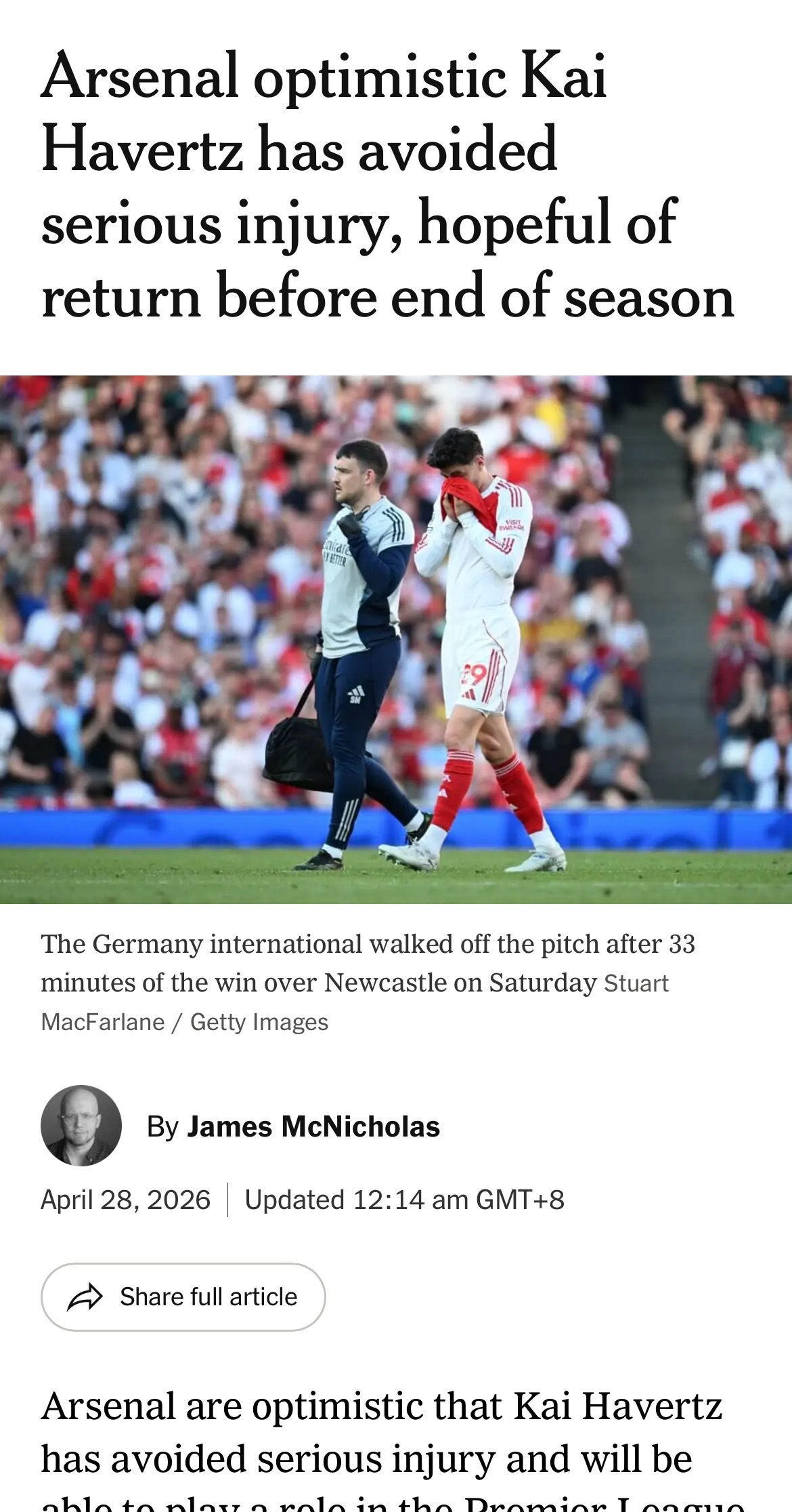 The Athletic James McNicholas：凯·哈弗茨的伤情初步