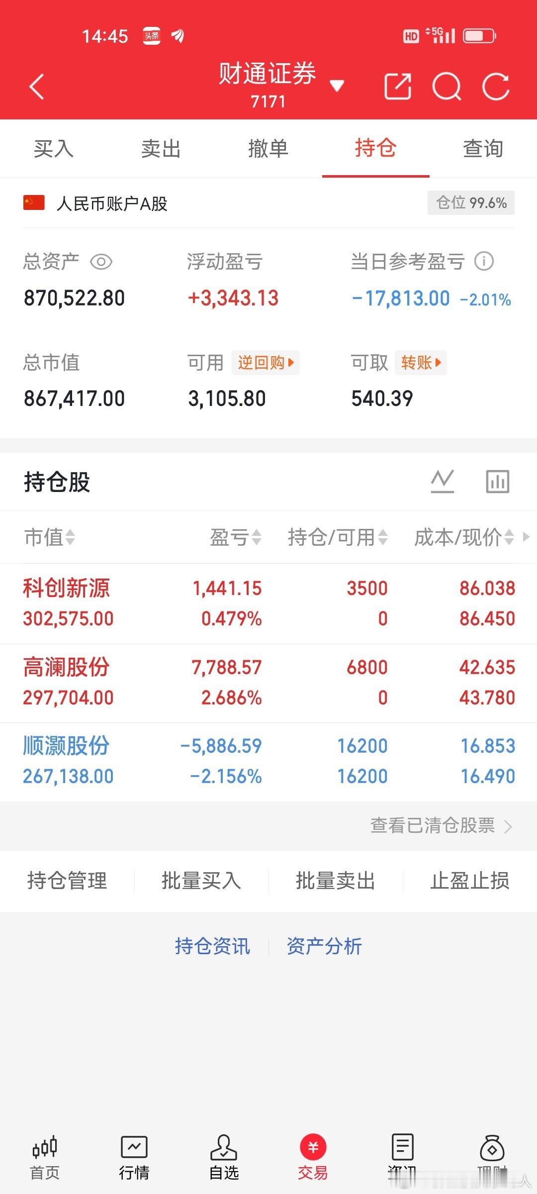 5.21炒股养家记持仓坚守：顺灏股份日内做T：高澜股份、科创新源，上午离场，下午