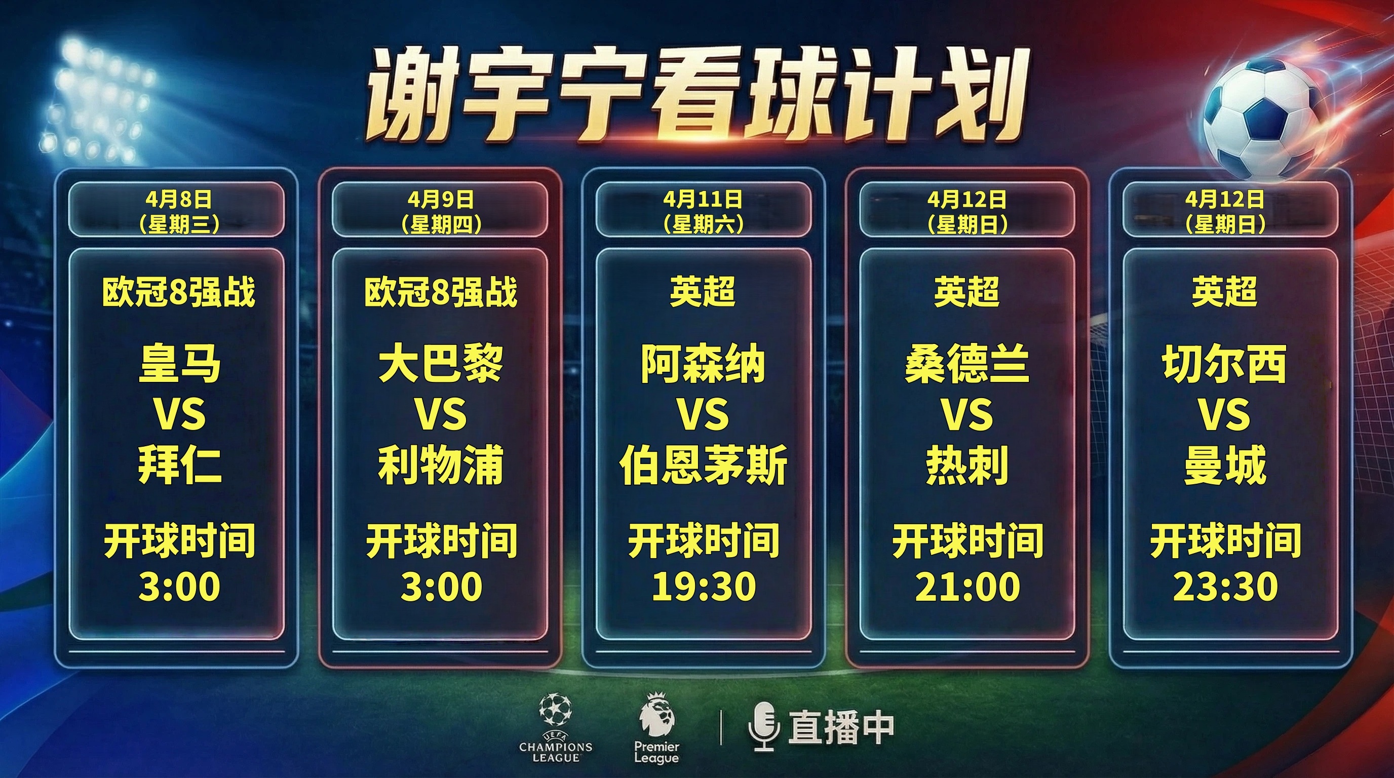 未来一周看球计划想看的比赛太多，强度拉满的一周