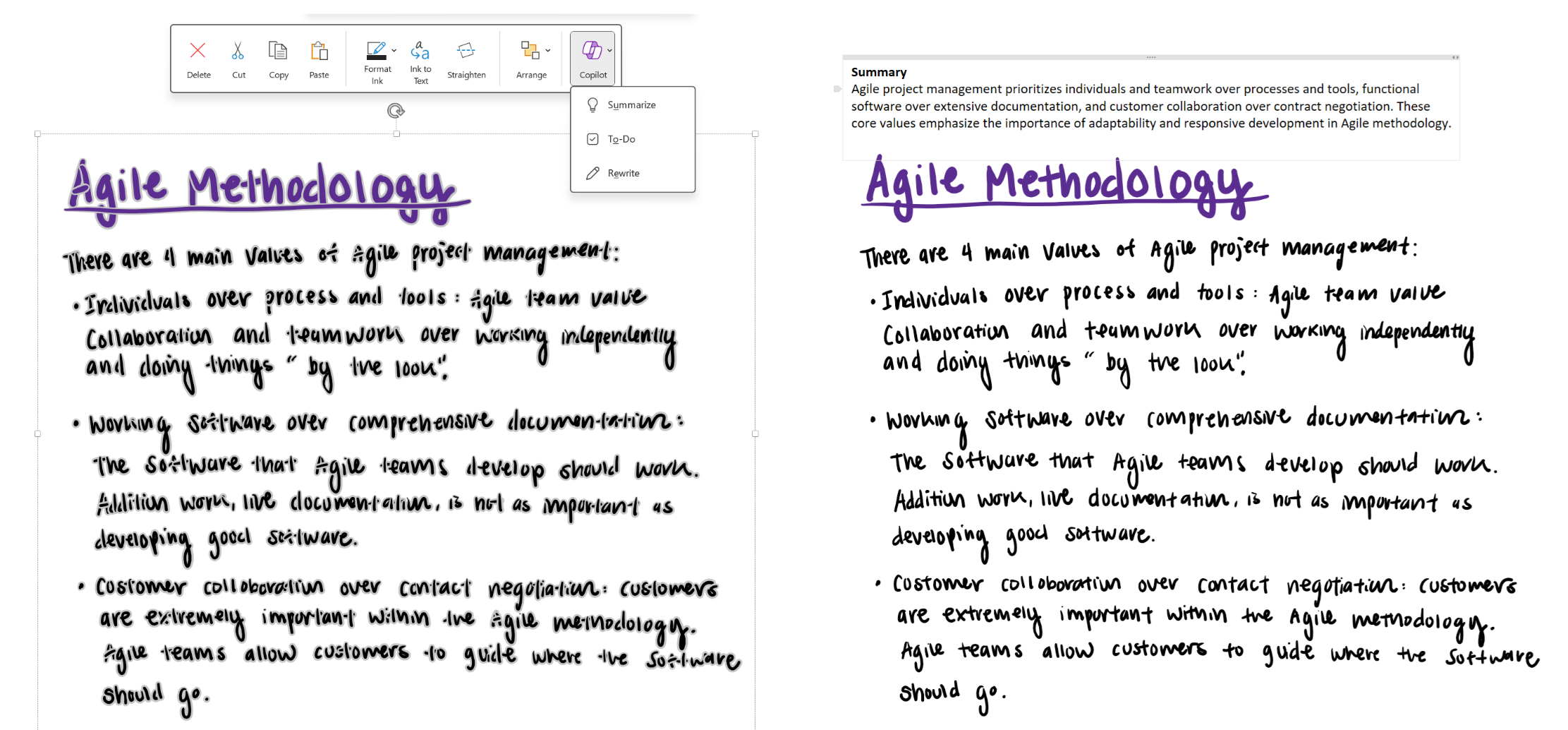 OneNote Copilot 开始支持理解手写内容，只需要选择手写内容就能使用