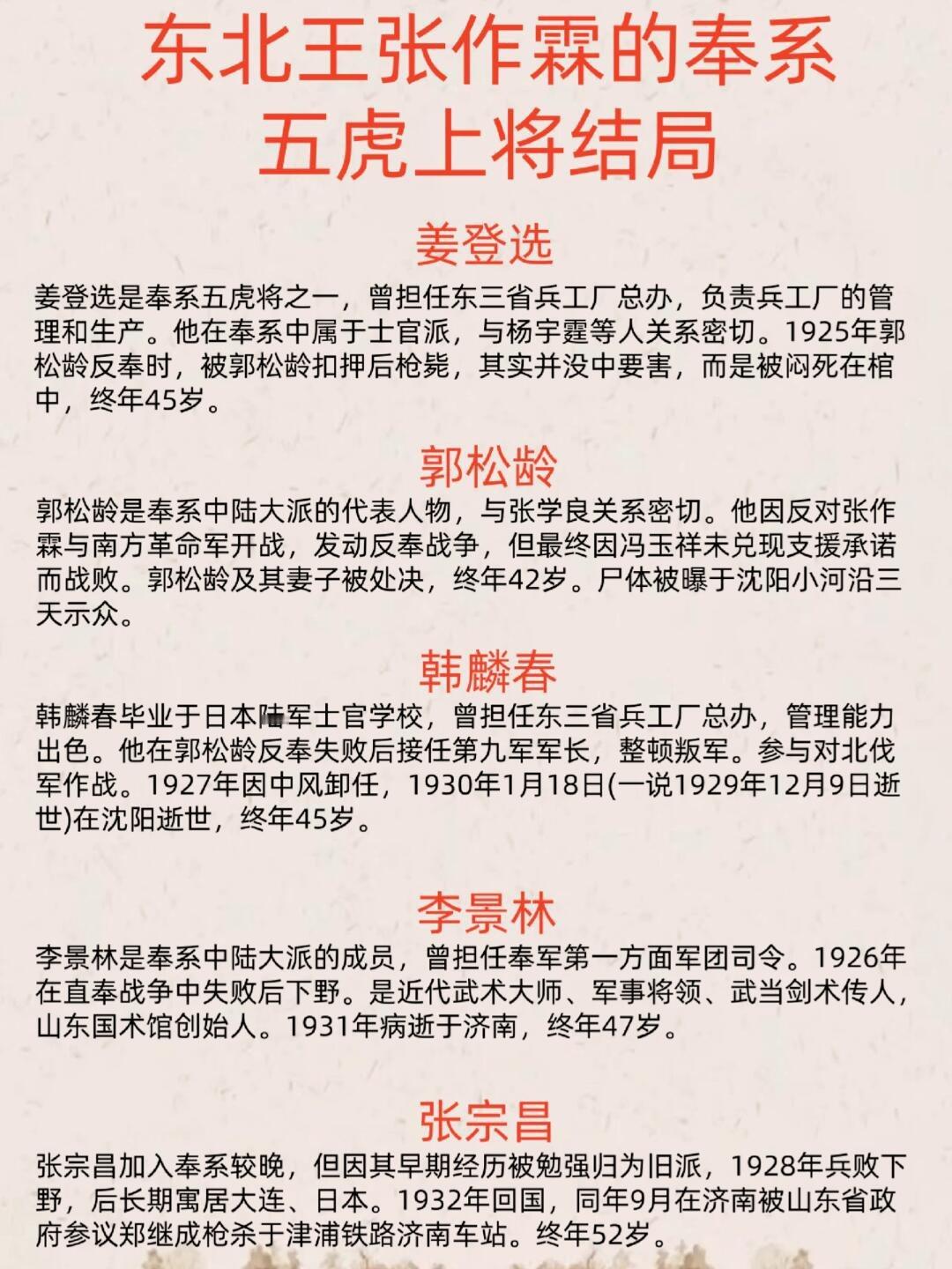 东北王张作霖“五虎上将”的结局。 ​​​