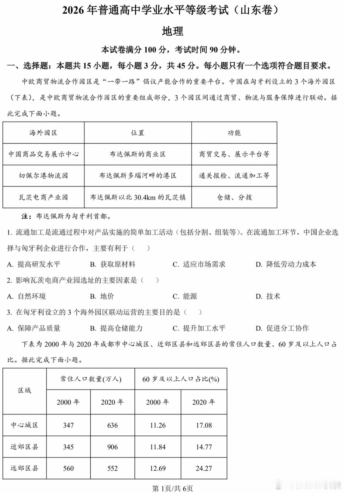 2026年高考 山东地理真题 