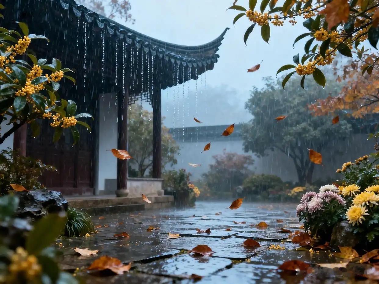 海月楼的秋雨漫过帘幕，顾横波提笔落字，把秦淮河的烟雨心事揉进诗行里。寒花晚瘦，人