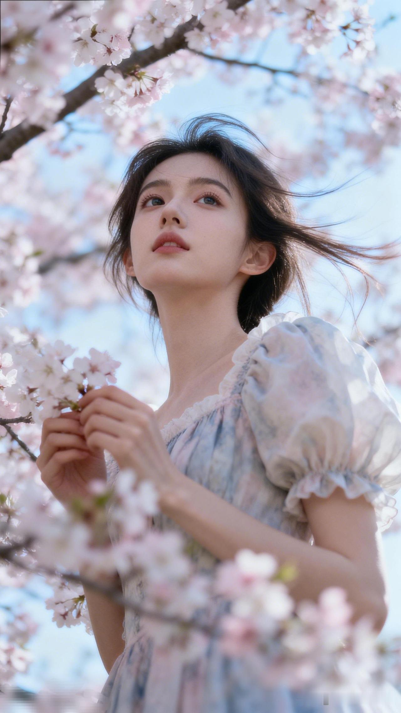 樱花树下，少女轻抚花枝，春意盎然。🌸💕