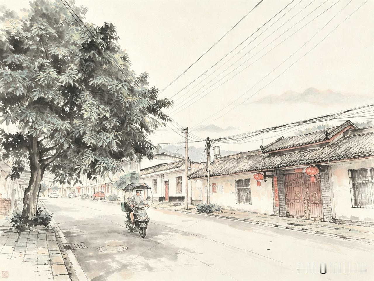 今天来遵道吃牛排，在一天老街上随手拍一张照片，用软件改成国画效果。用手机拍的原片