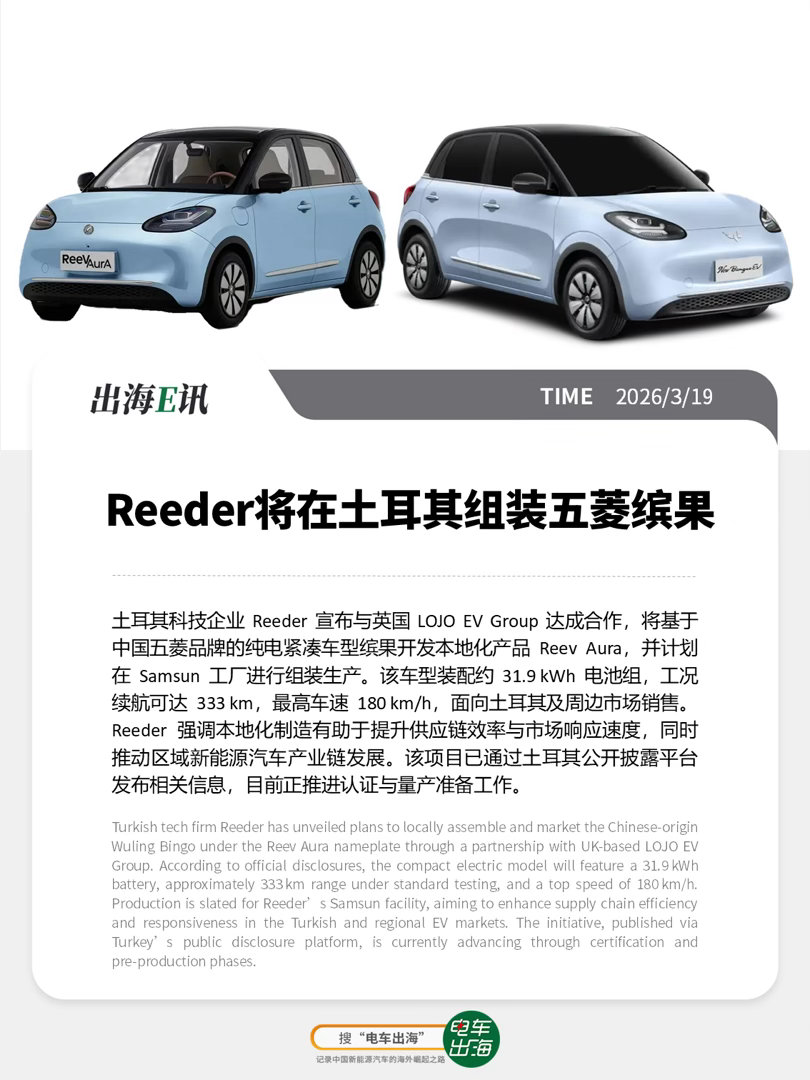 【出海E讯】Reeder 将在土耳其组装五菱缤果土耳其科技企业 Reeder 宣
