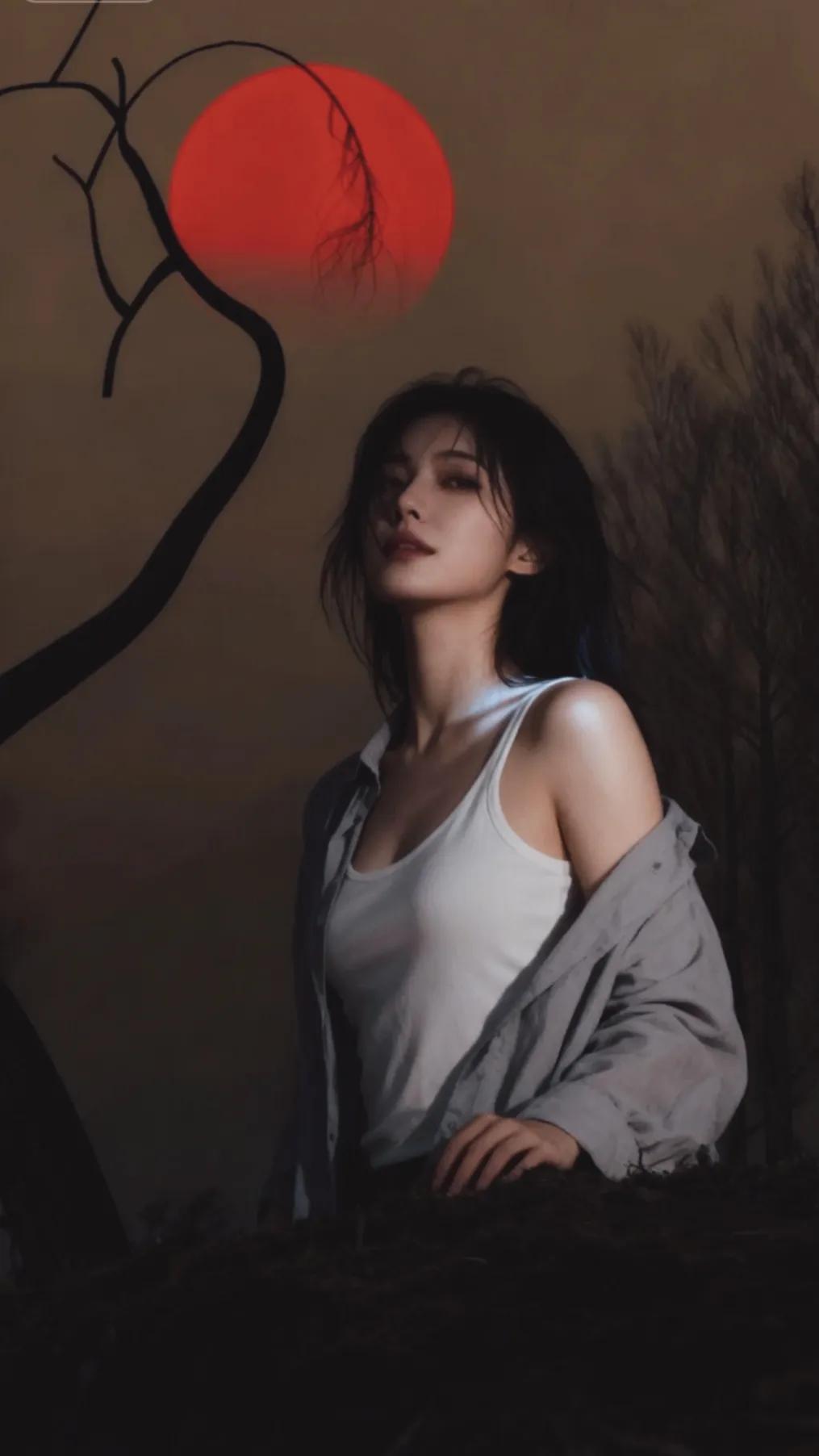 当城市的霓虹还没来得及攀上山脊，旷野的红月先把黄昏烧得发烫。枯树把影子拧成心事的