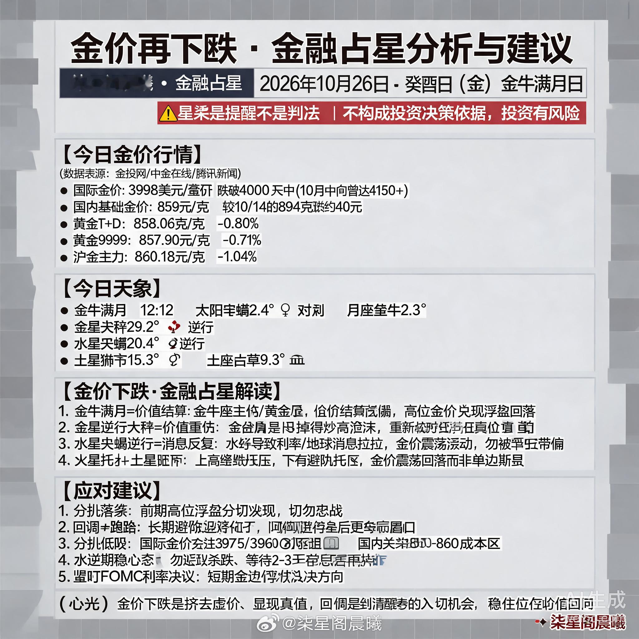 金价再下跌 · 金融占星分析与建议柒星阁晨曦 · 金融占星2026年10月26日