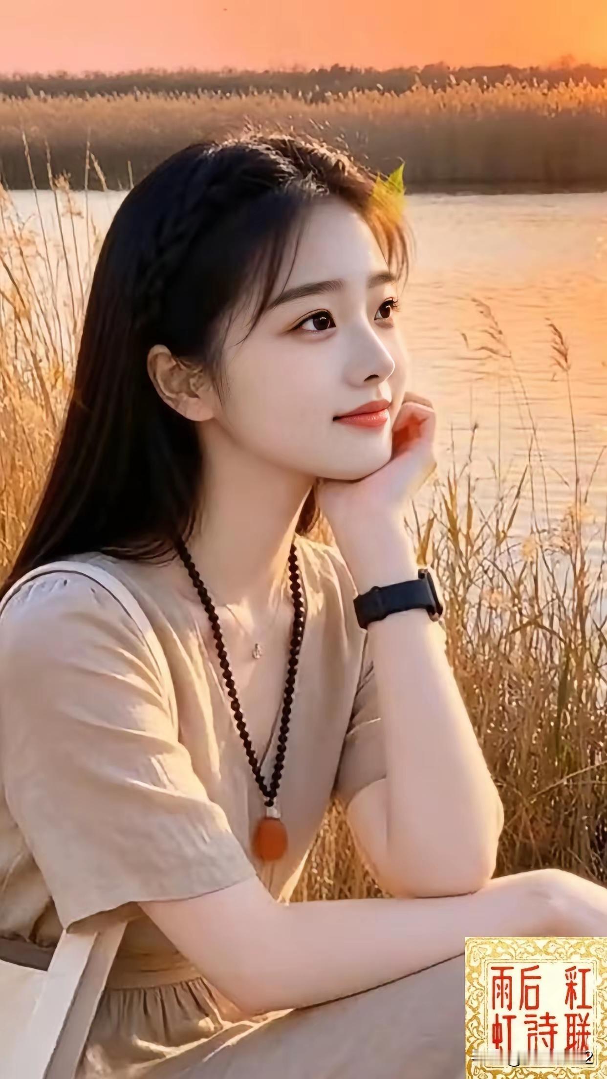姑娘在湖边享受夕阳。