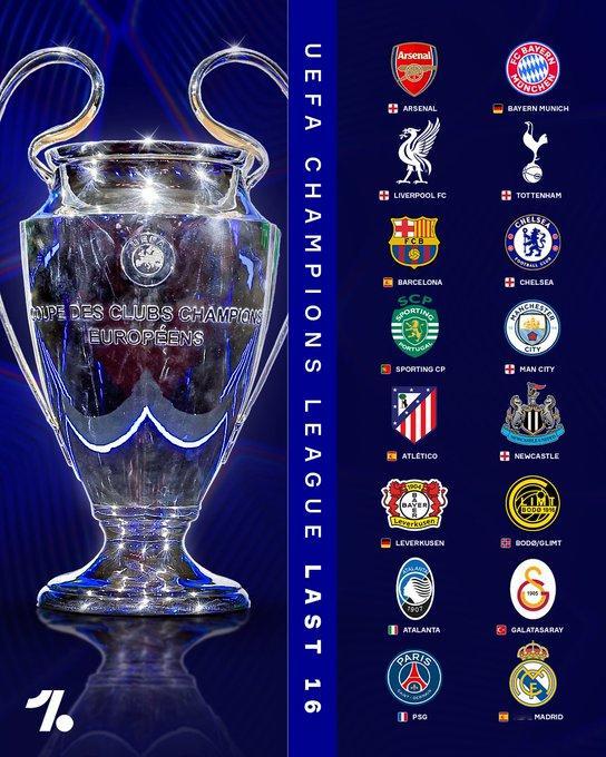 欧冠16强席位已全部确定，所有英超球队都已晋级。博德闪耀将成为71年来第二支晋级