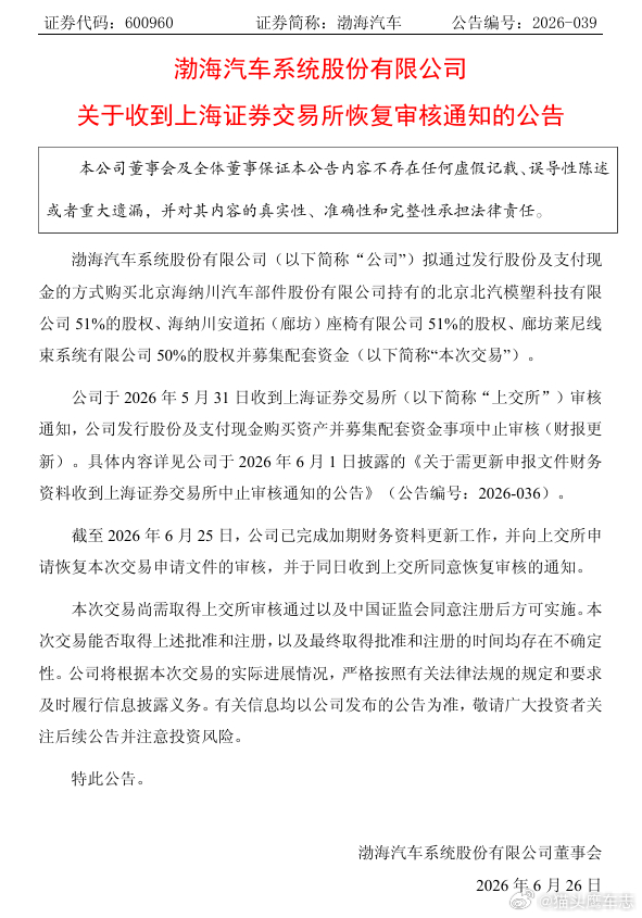 汽车资讯 【渤海汽车：收到上交所恢复重大资产重组审核通知】渤海汽车公告称，公司拟