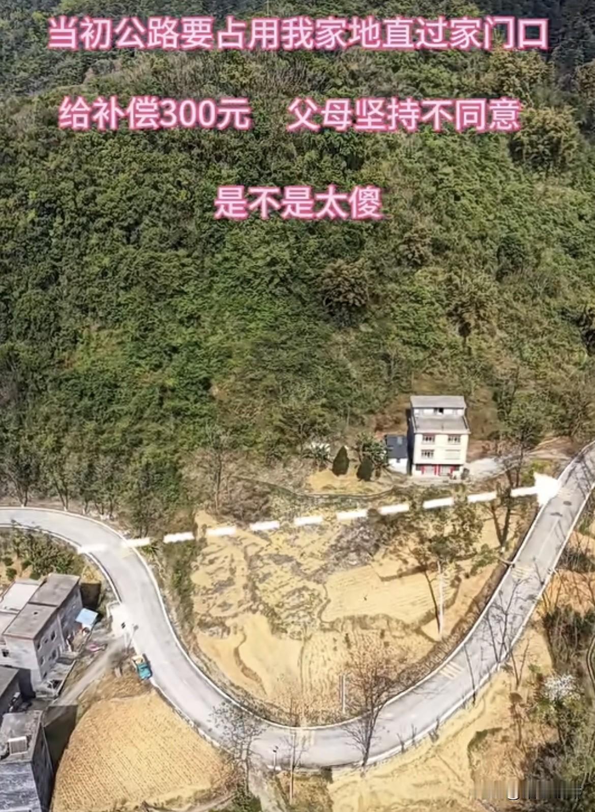 当初公路要占用我家地直过家门口
给补偿300元，父母坚持不同意，
最后公路修弯成