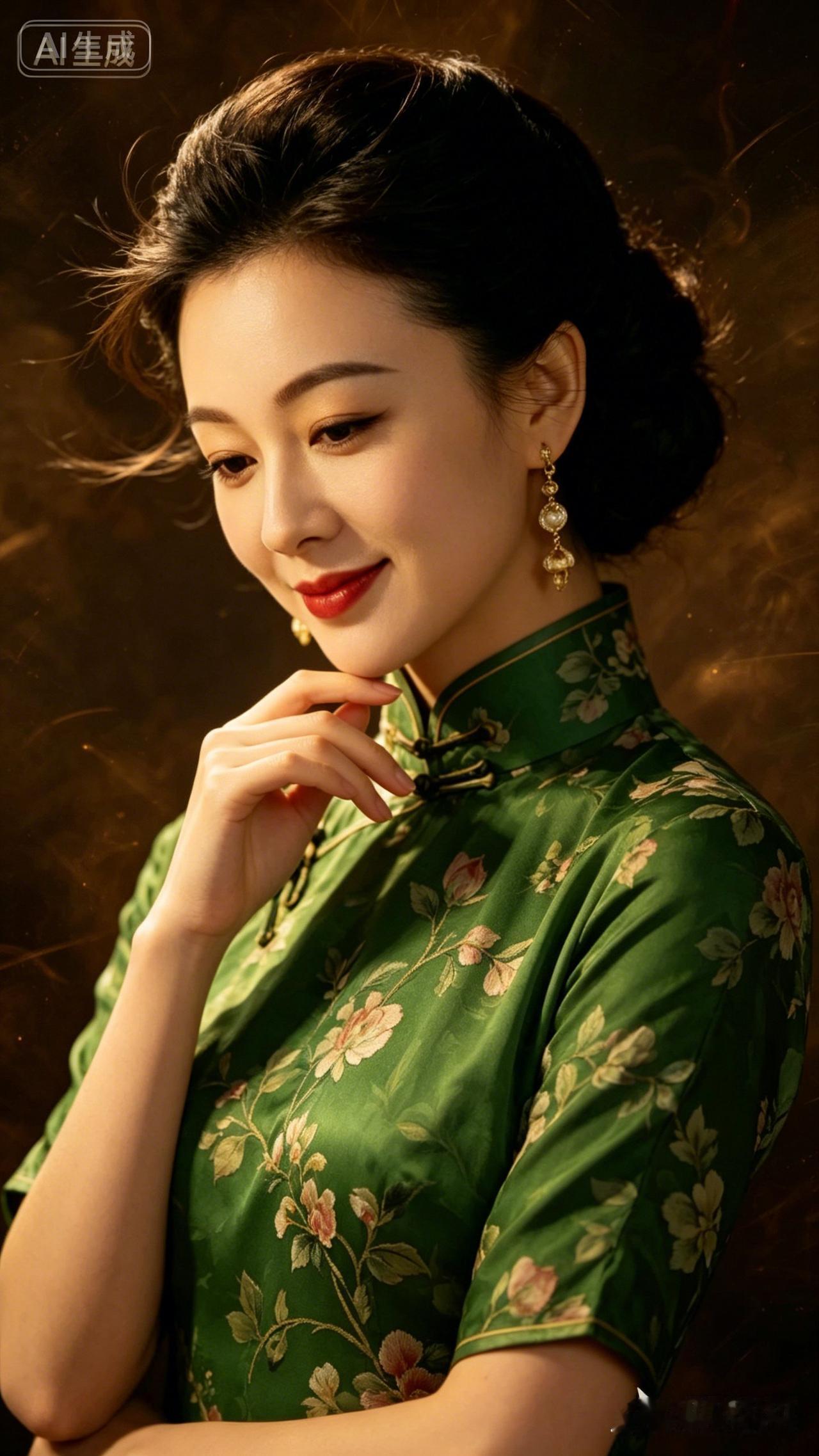这位女士穿着绿色旗袍，优雅微笑。