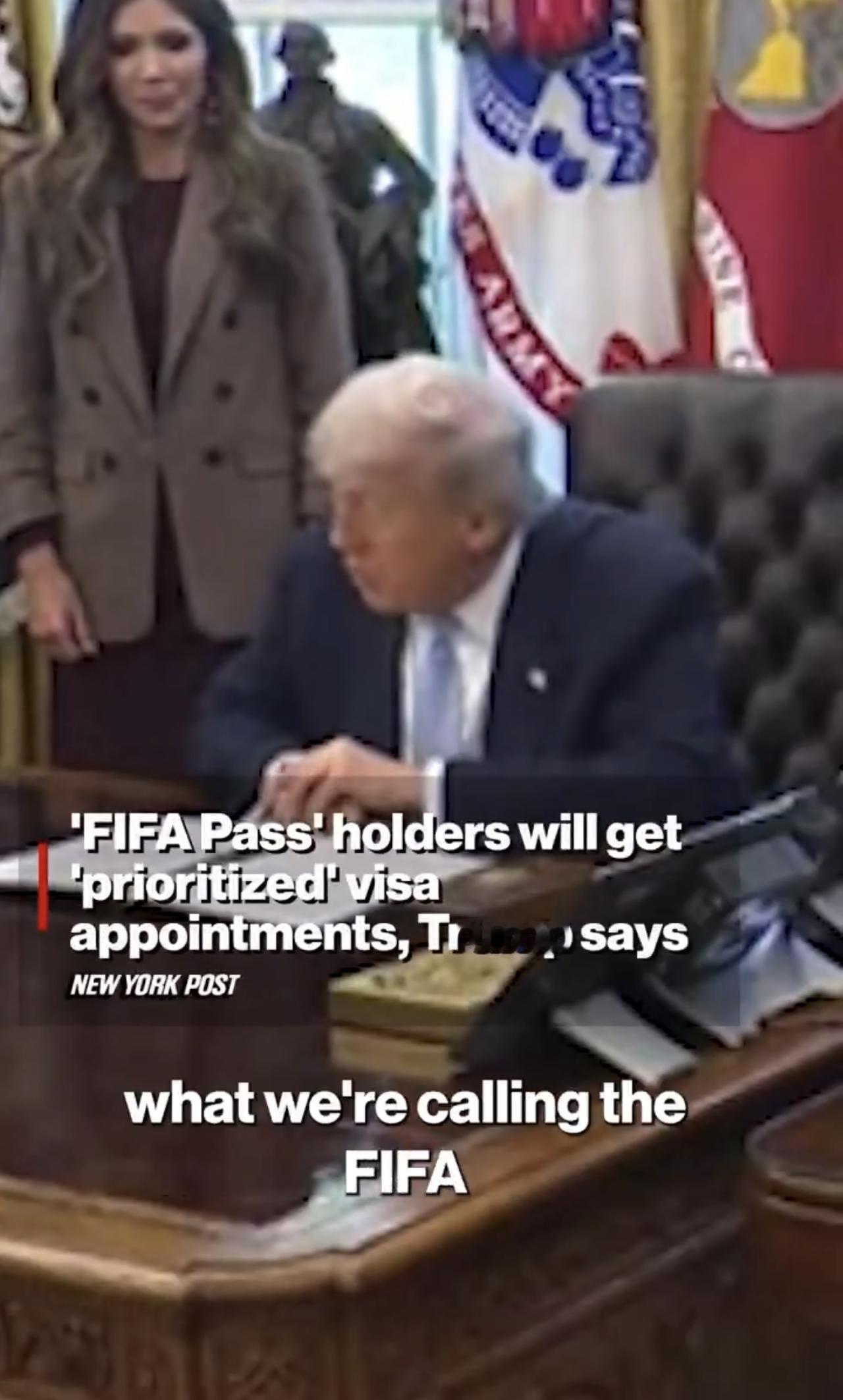 特朗普表示，持有2026年美国世界杯门票的海外观众将获得签证优先预约。所谓的“F