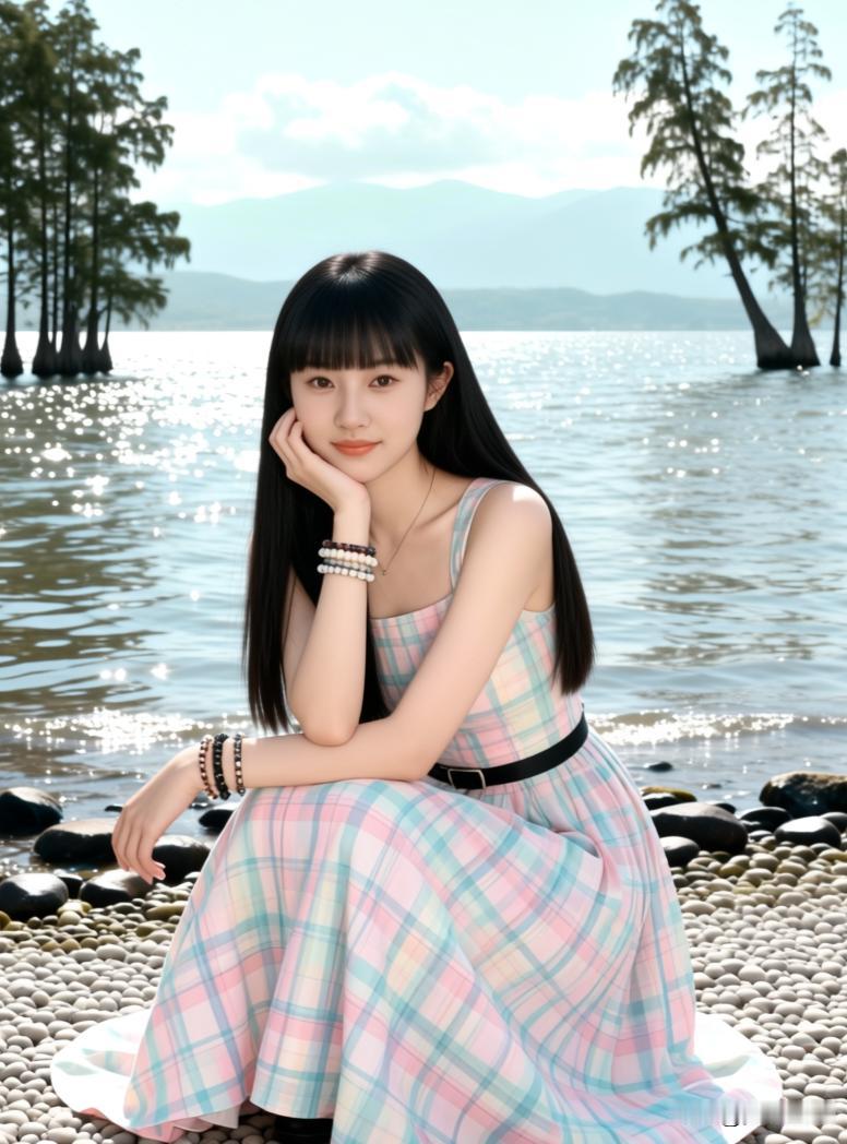 女孩坐在湖边，风景很美。温婉大方的女生 精致女人标准