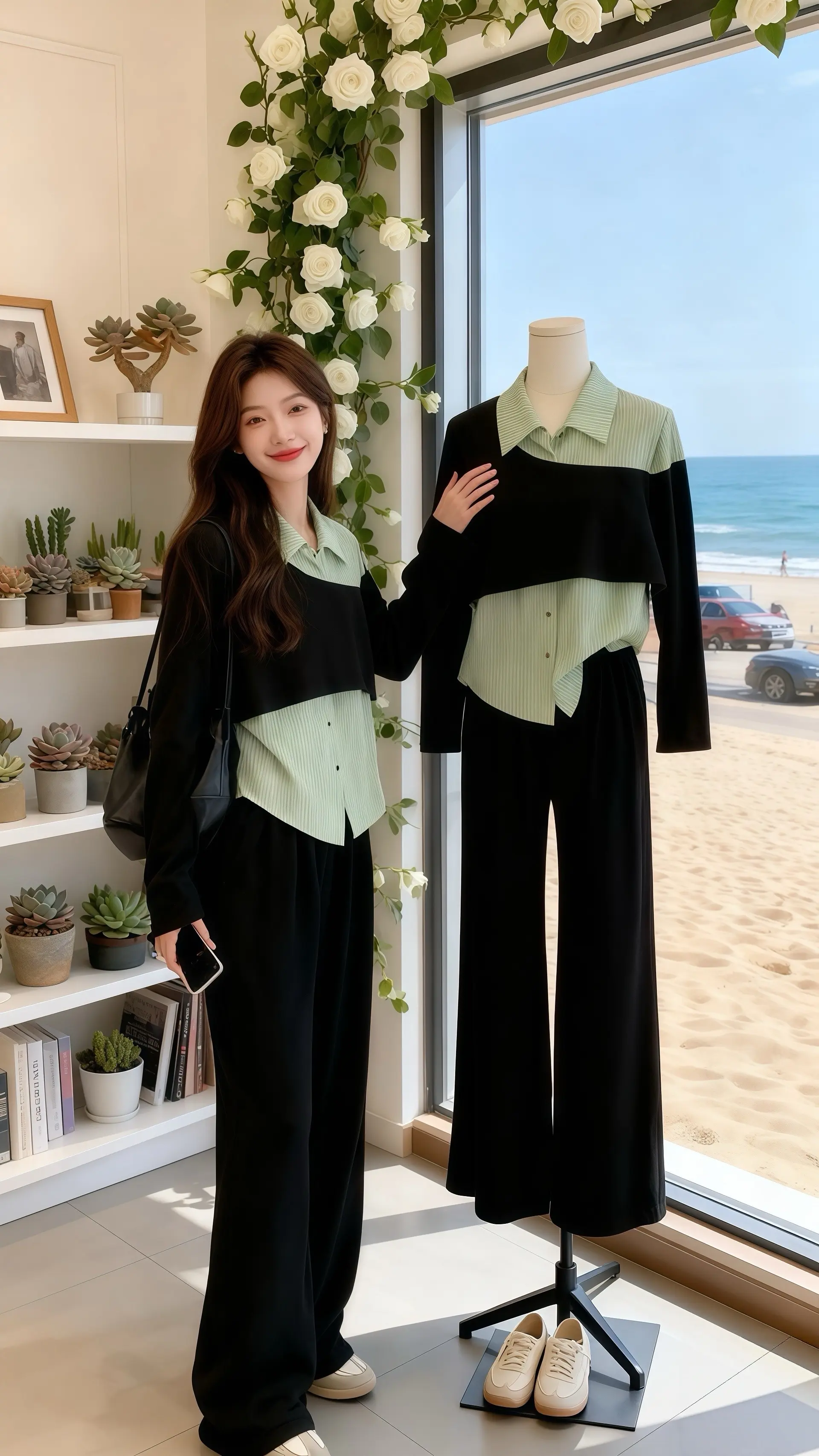 《海边的衬衫与心动》  许妍站在临海的咖啡馆窗边，浅绿色条纹衬衫外搭的...