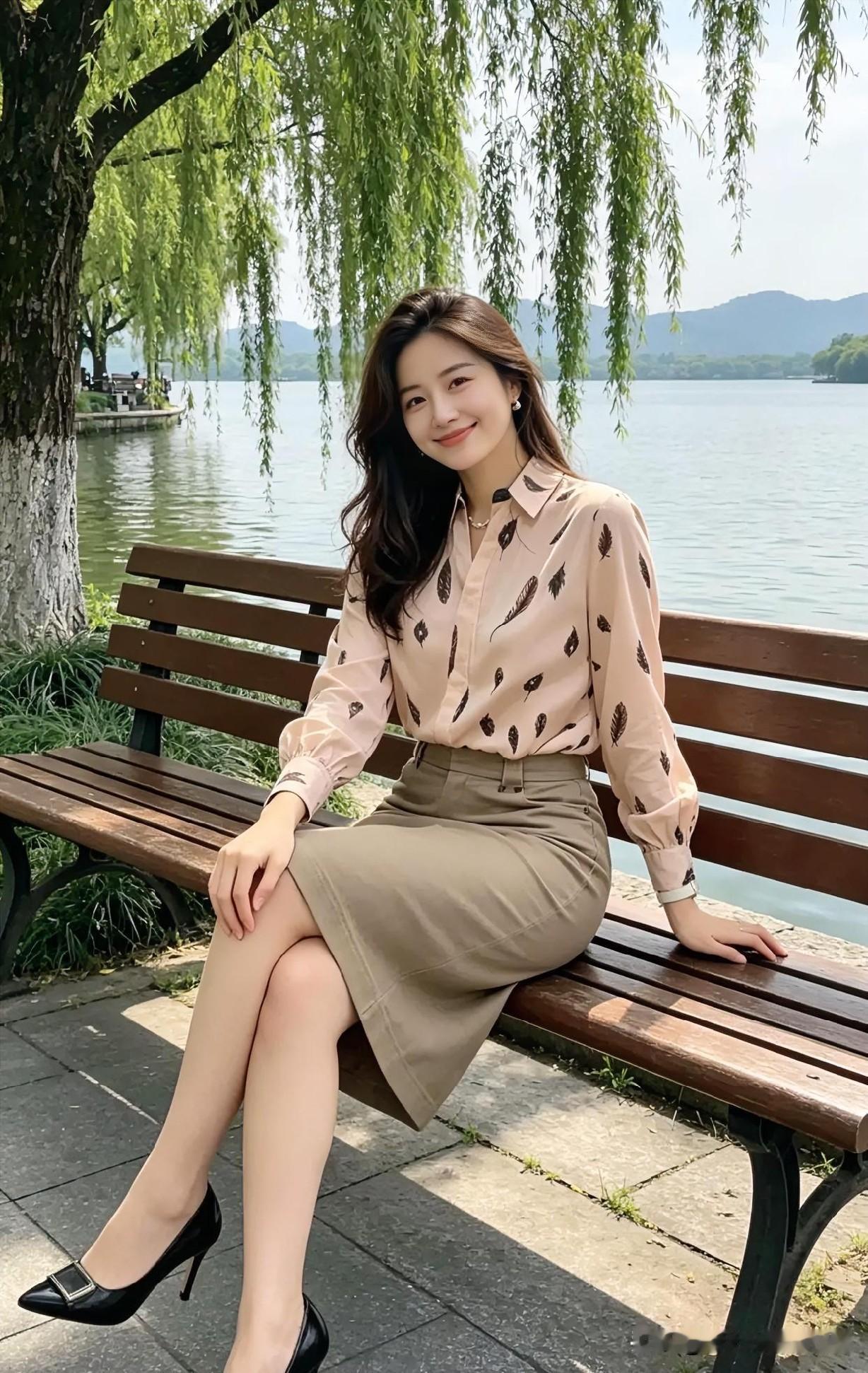 湖畔柳丝轻拂，粉羽衬衫映着柔光。她倚长椅浅笑，卡其裙勾勒温婉，于碧水青山间，漾开