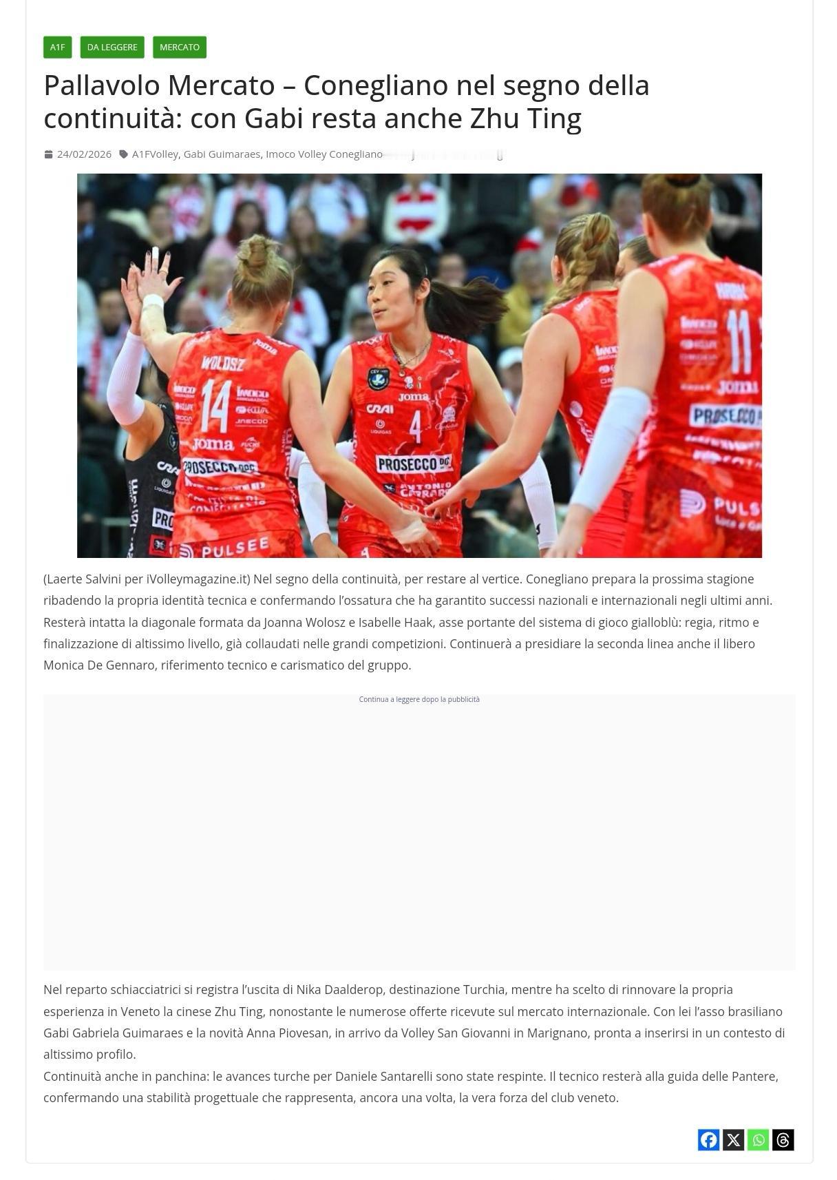 意媒报道：朱婷选择留在科内

意媒《排球杂志》，以“科内利亚诺延续传统，朱婷继续