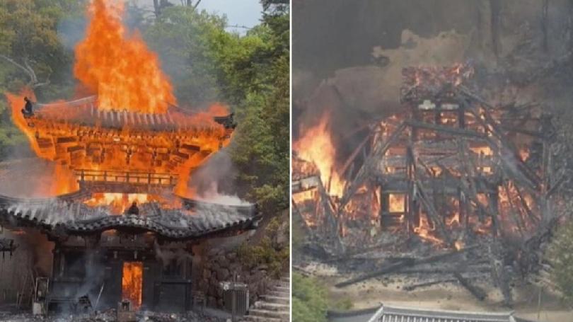 日本广岛初日市宫岛山顶附近的一座寺庙建筑被大火彻底烧毁。所幸无人伤亡。这座名为「